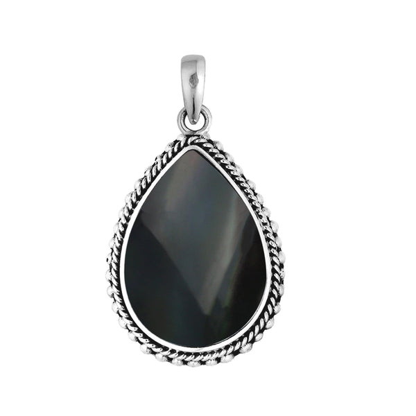 AP-6251-SHB Sterling Silver Beautiful Pear Shape Pendant With Black Shell Covered by Designer Granulated Rope Jewelry Bali Designs Inc 