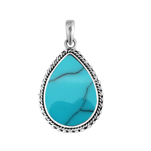 AP-6251-TQ Sterling Silver Beautiful Pear Shape Pendant With Turquoise Shell Covered by Designer Granulated Rope Jewelry Bali Designs Inc 