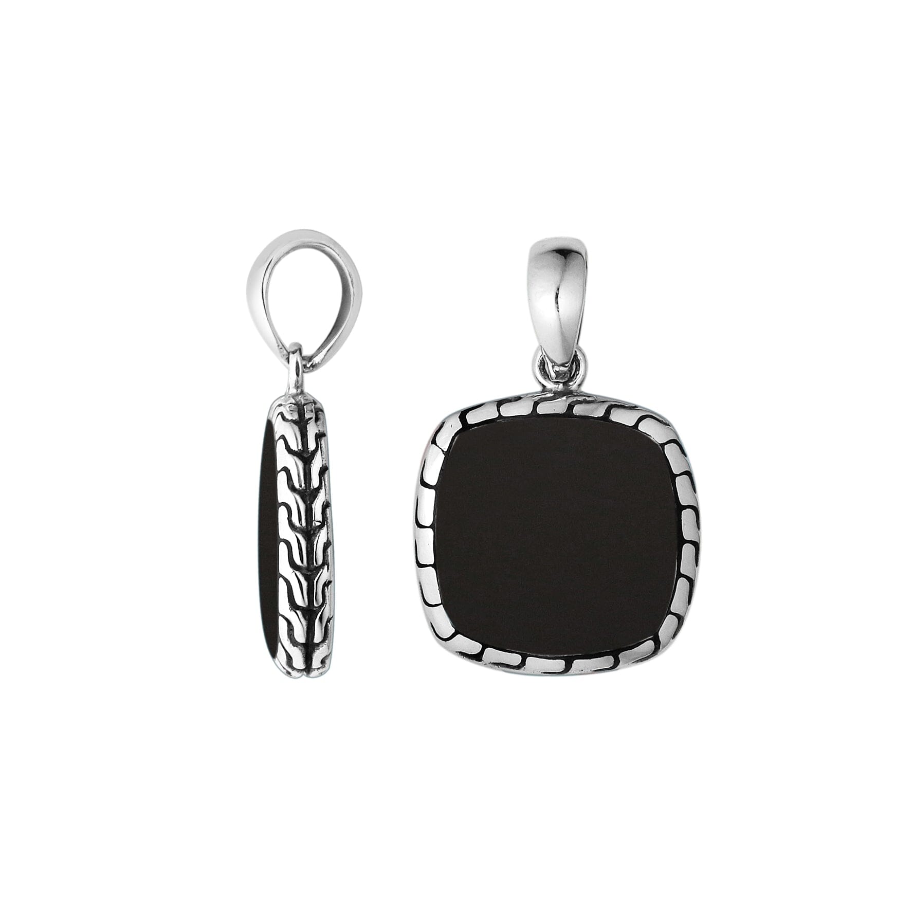 Sterling Silver Black Shell Cushion Pendant With Balinese Frame Design For Wholesale Buyers.