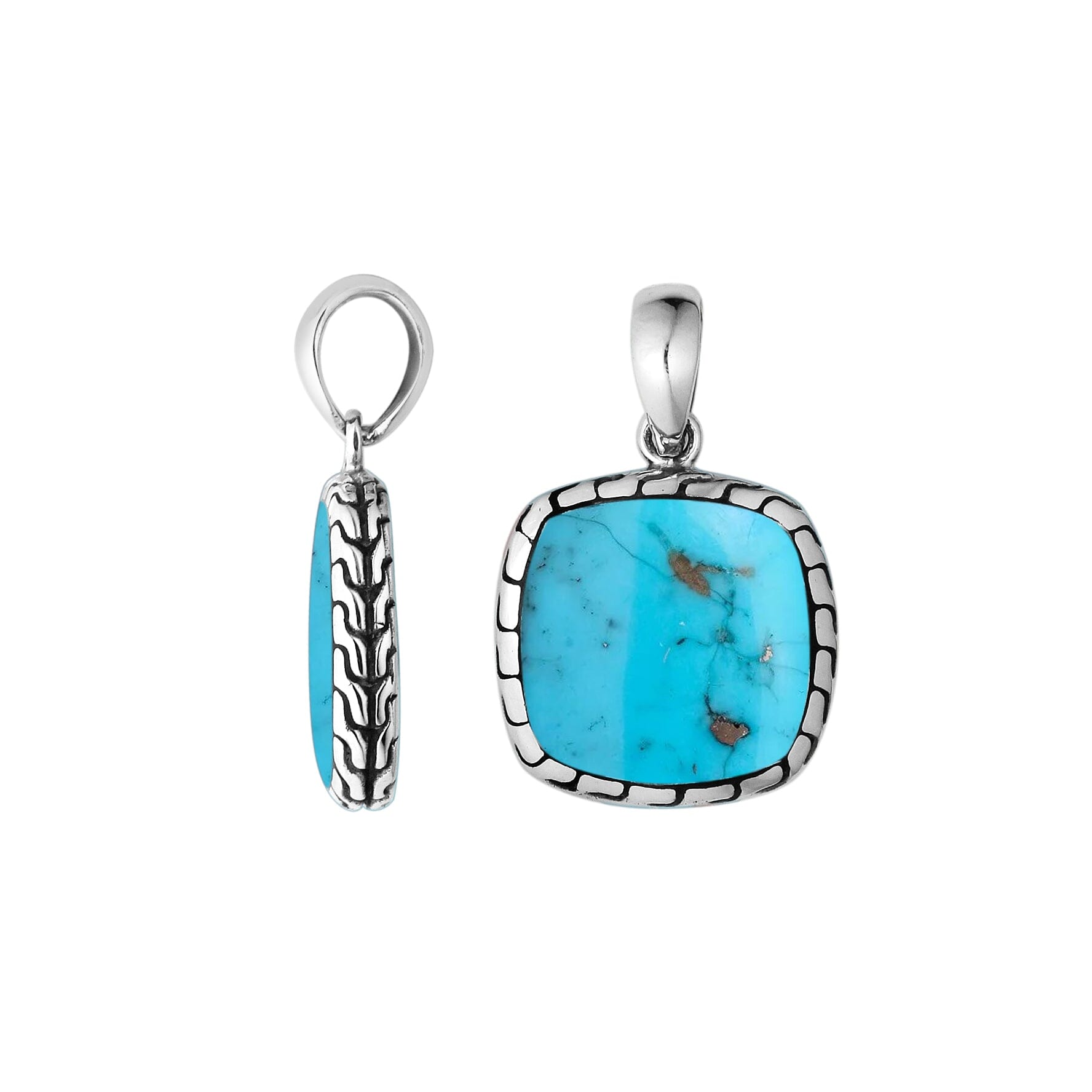 Sterling Silver Turquoise Shell Cushion Pendant With Balinese Frame Design For Wholesale Buyers.