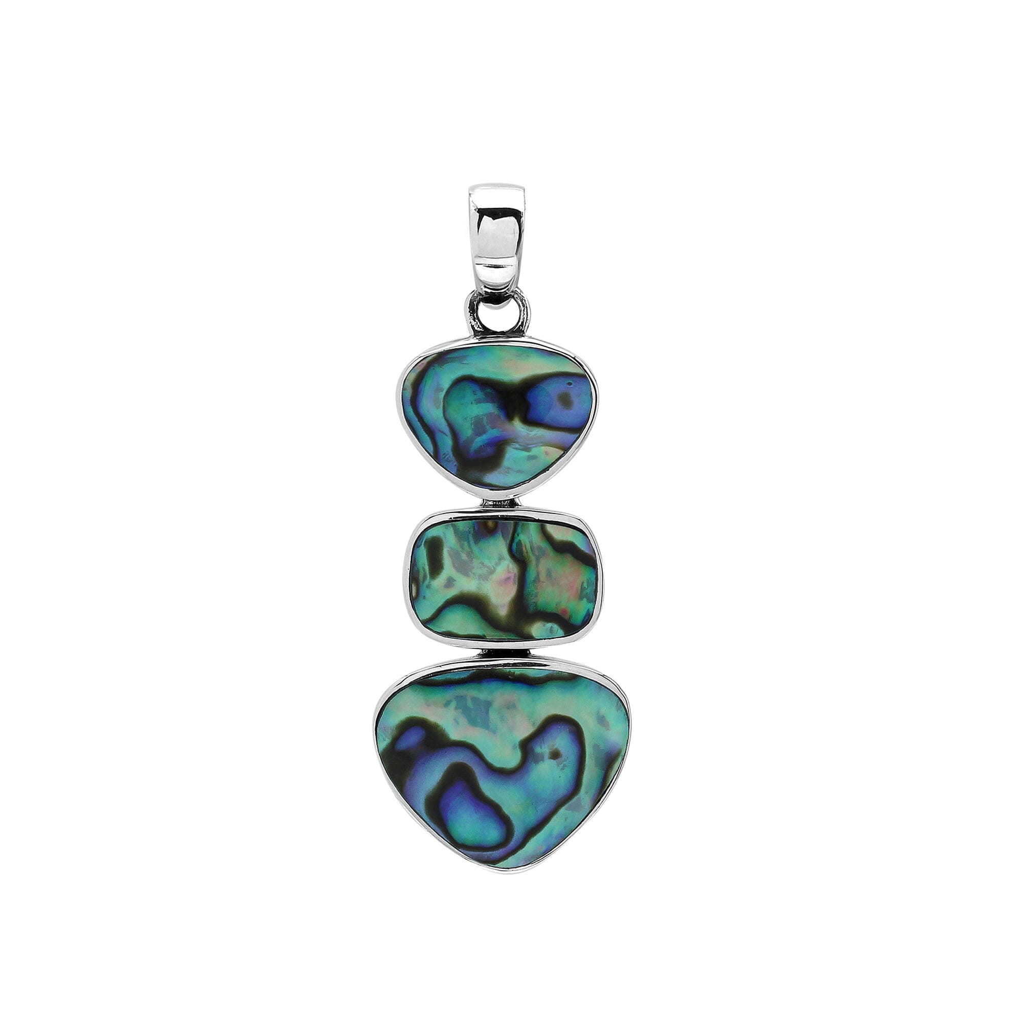 Sterling silver triple-shape pendant featuring abalone shell with smooth polished surface and oceanic tones in classic Balinese design.