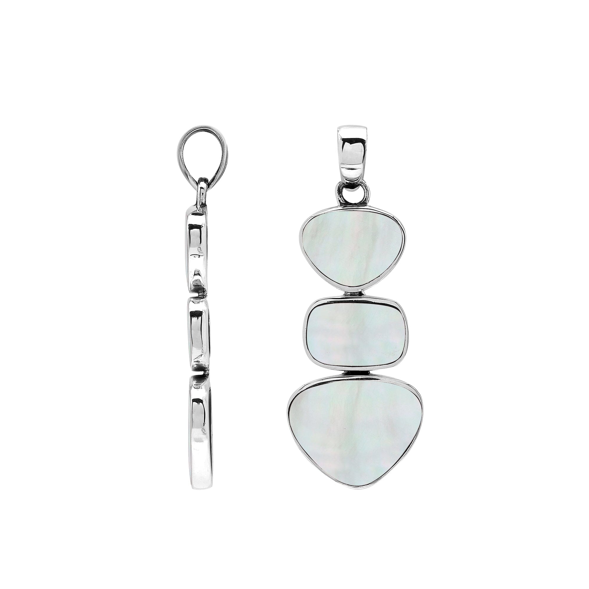 Sterling silver triple-shape pendant featuring Mother Of Pearl stones with smooth polished surface and elegant Balinese craftsmanship.