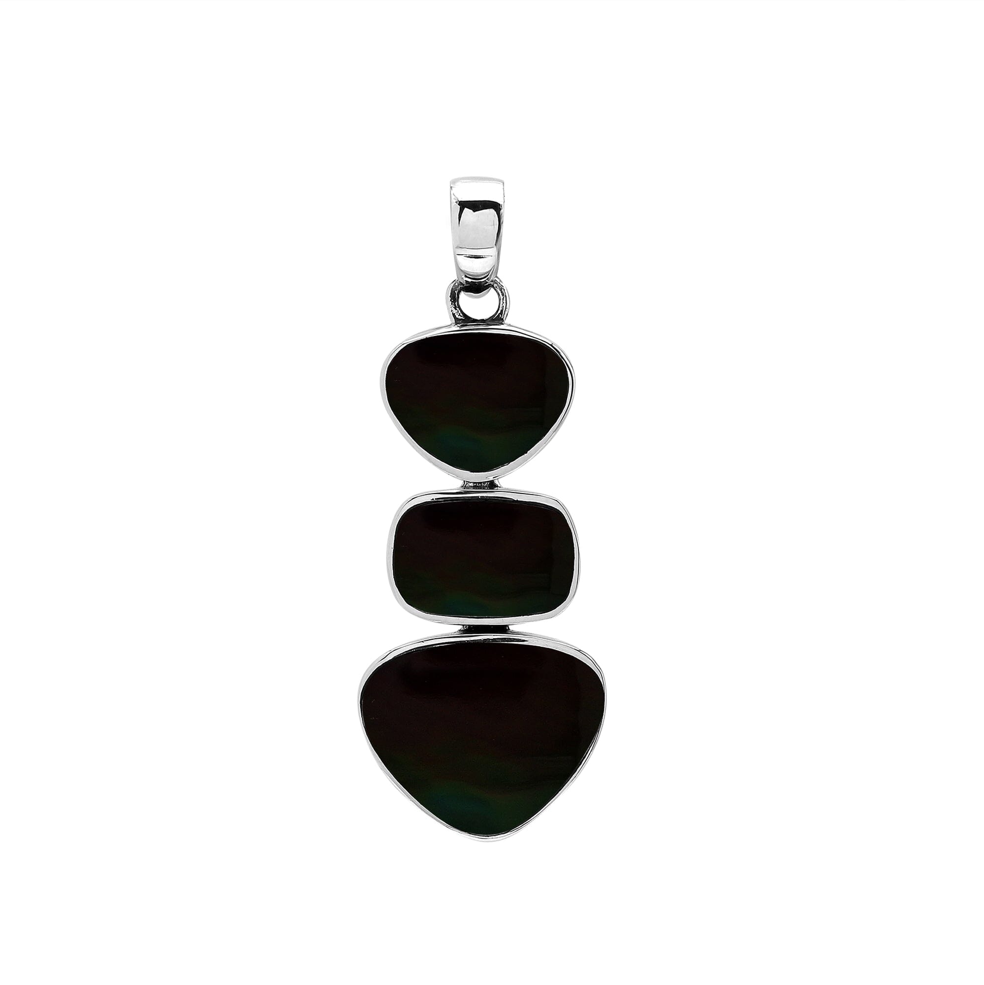 Sterling silver triple-shape pendant featuring Black Shell stones with smooth polished surface and elegant Balinese design craftsmanship.