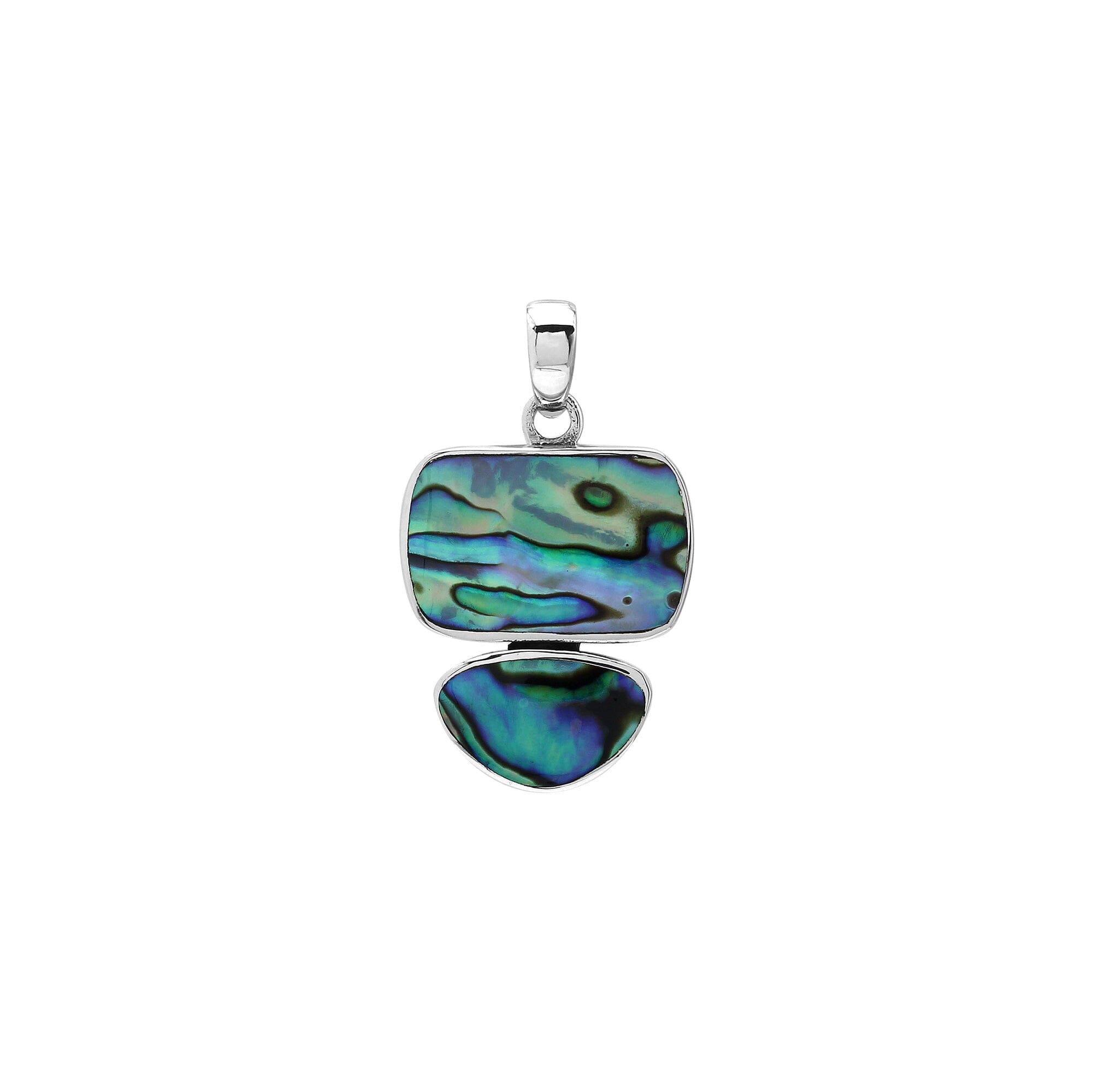 Sterling silver double-shape pendant featuring abalone shell with smooth polished surface and classic Balinese craftsmanship.