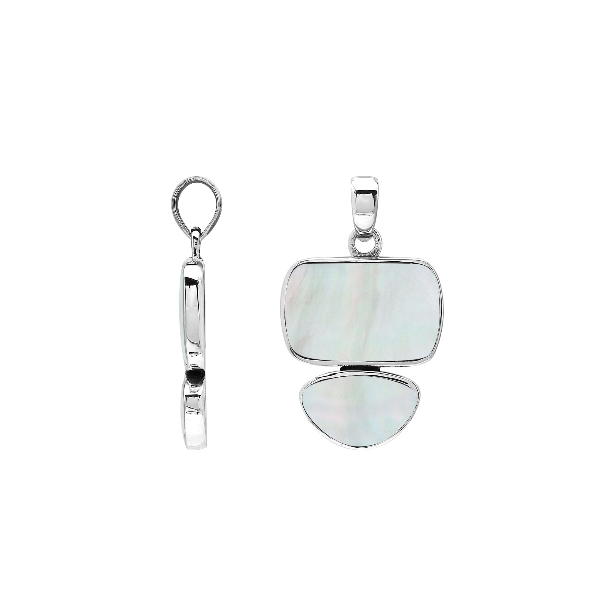Sterling silver double-shape pendant featuring Mother Of Pearl stones with mirror-polished surface and elegant Balinese craftsmanship.