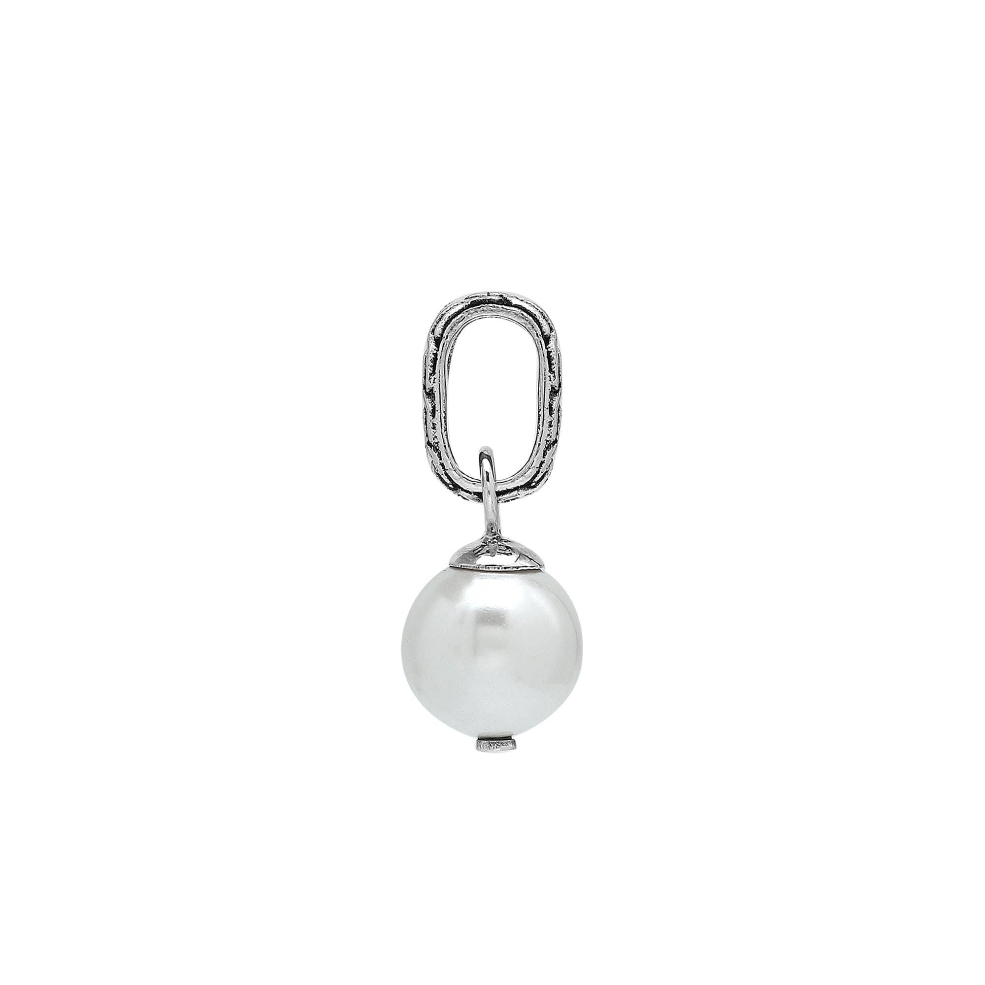 Sterling silver round drop pendant featuring a single Mabe Pearl and intricate Balinese silver detailing with mirror-polished finish.