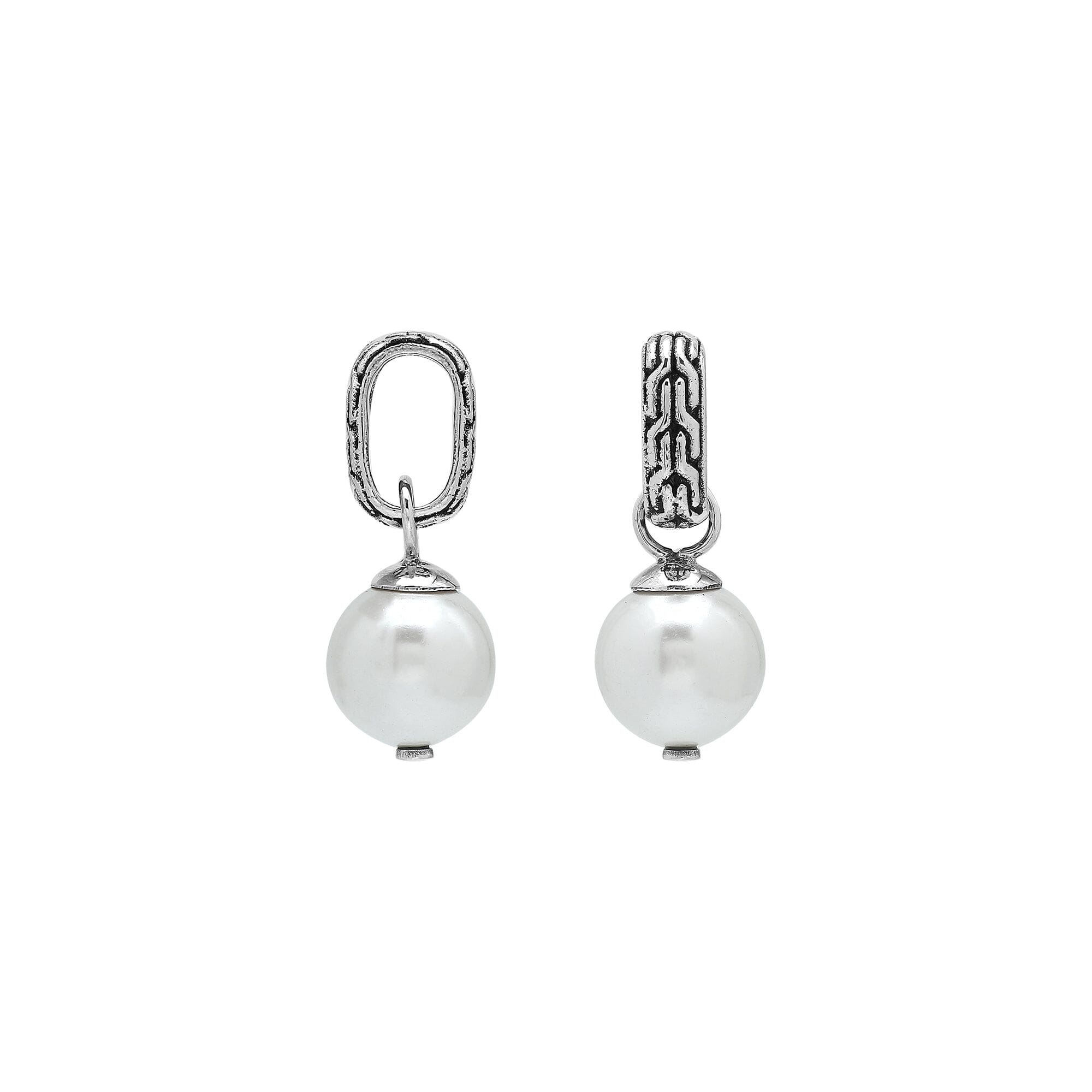 Sterling silver round drop pendant featuring a single Mabe Pearl and intricate Balinese silver detailing with mirror-polished finish. 