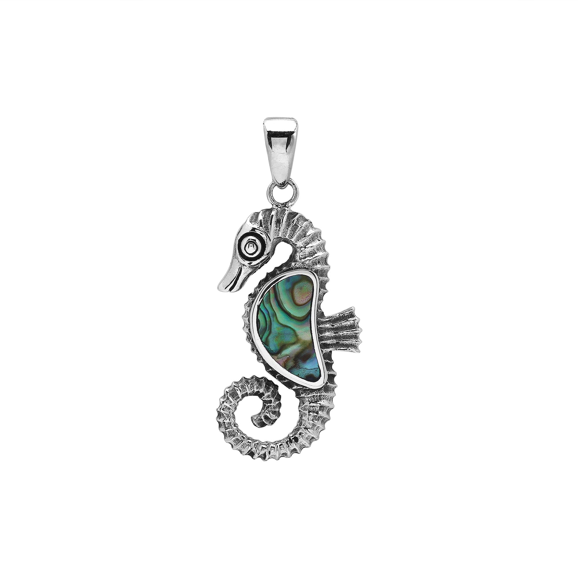 Sterling silver seahorse-shaped pendant with polished Abalone Shell inlay and intricate Balinese craftsmanship.
