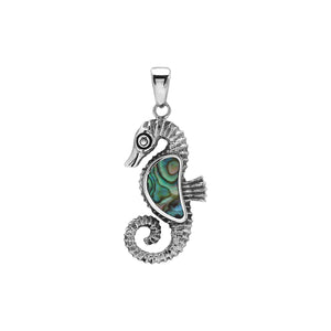Sterling silver seahorse-shaped pendant with polished Abalone Shell inlay and intricate Balinese craftsmanship.