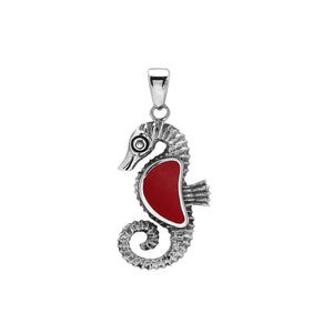 Sterling silver seahorse pendant with Red Coral inlay and detailed Balinese craftsmanship featuring a polished high-gloss finish.