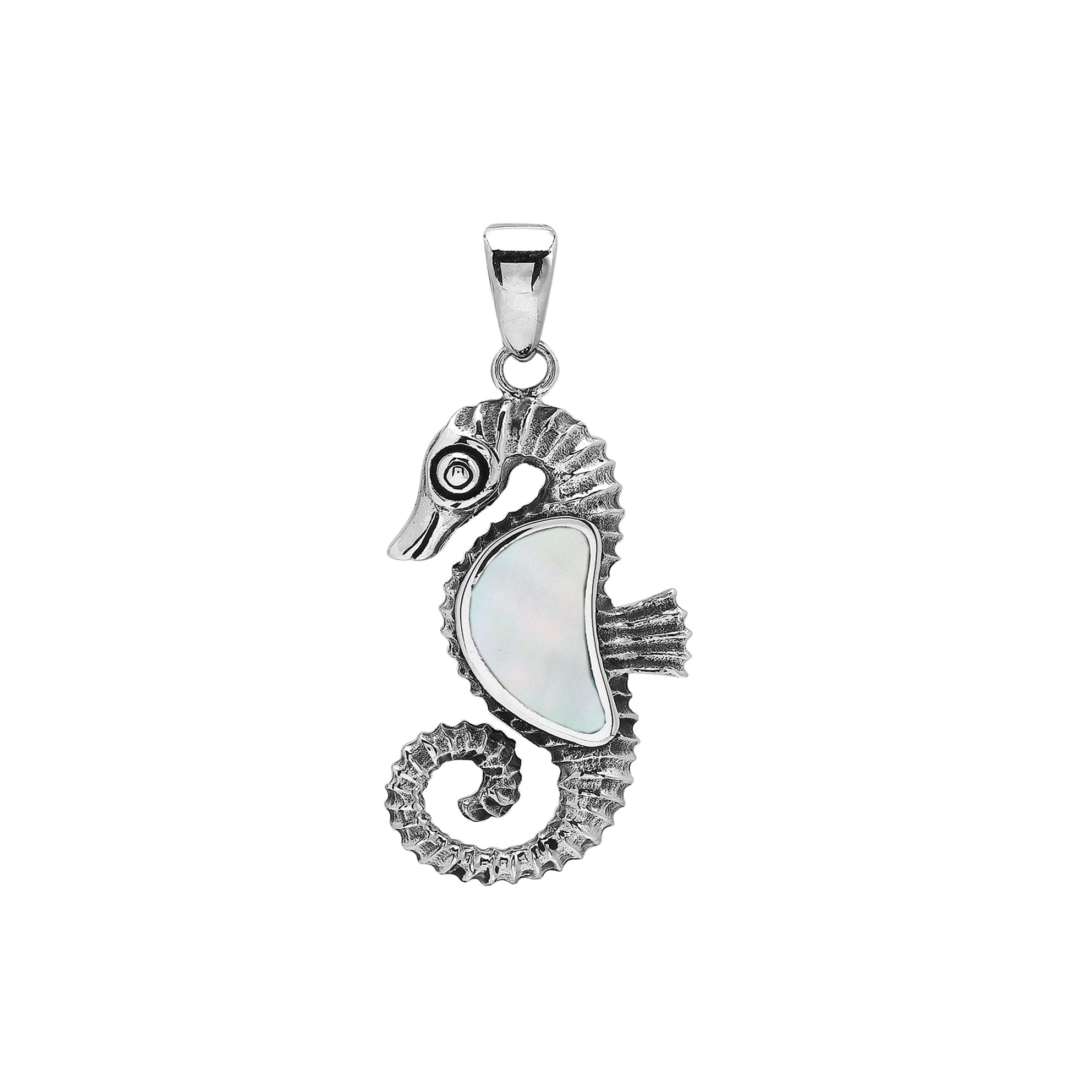 Sterling silver seahorse pendant featuring a luminous Mother Of Pearl inlay and intricate Balinese craftsmanship with a polished high-gloss finish.