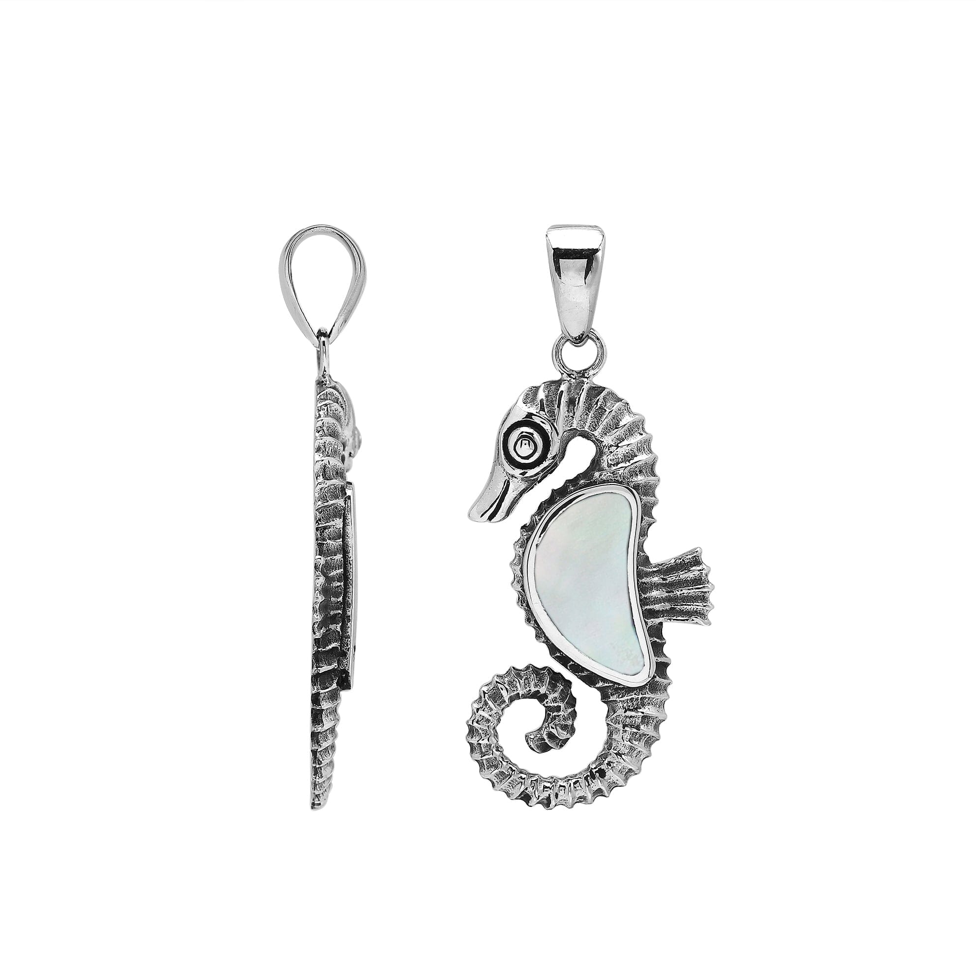 Sterling silver seahorse pendant featuring a luminous Mother Of Pearl inlay and intricate Balinese craftsmanship with a polished high-gloss finish.