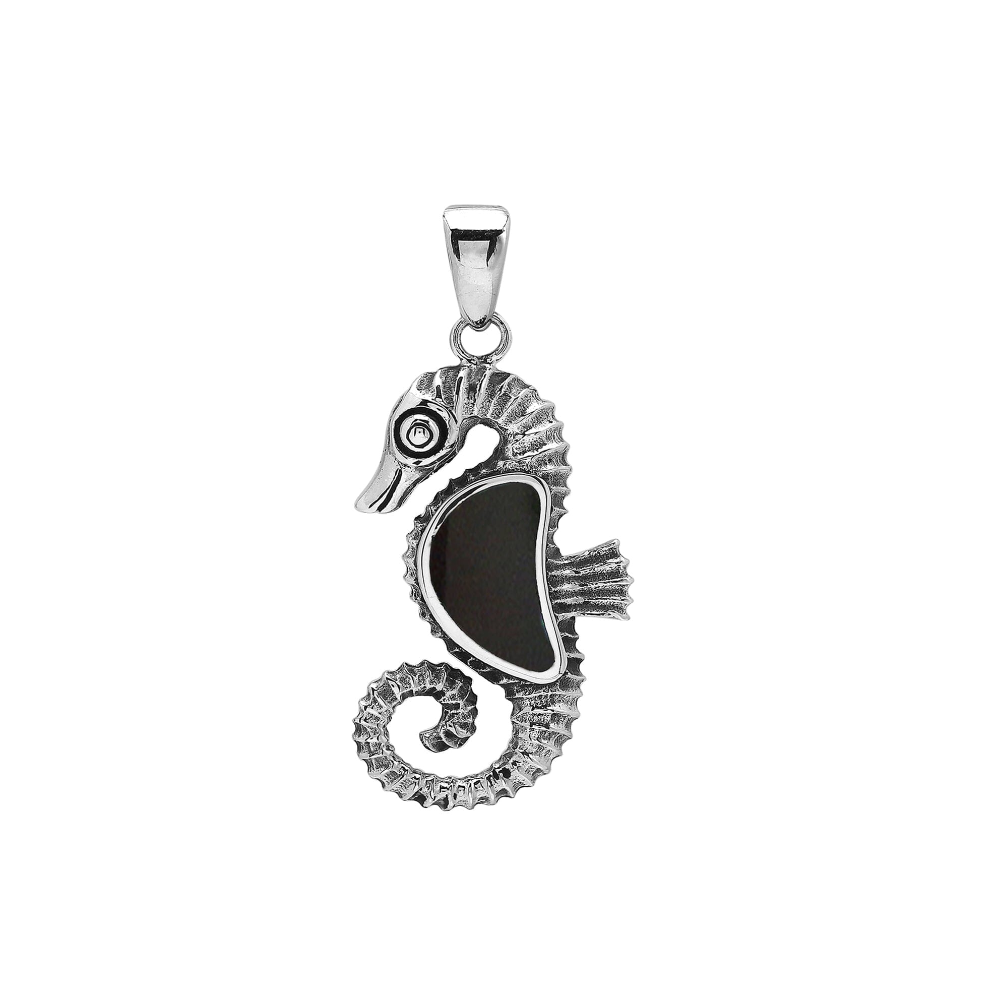 Sterling silver seahorse pendant with Black Shell inlay and detailed Balinese design featuring a smooth polished finish.