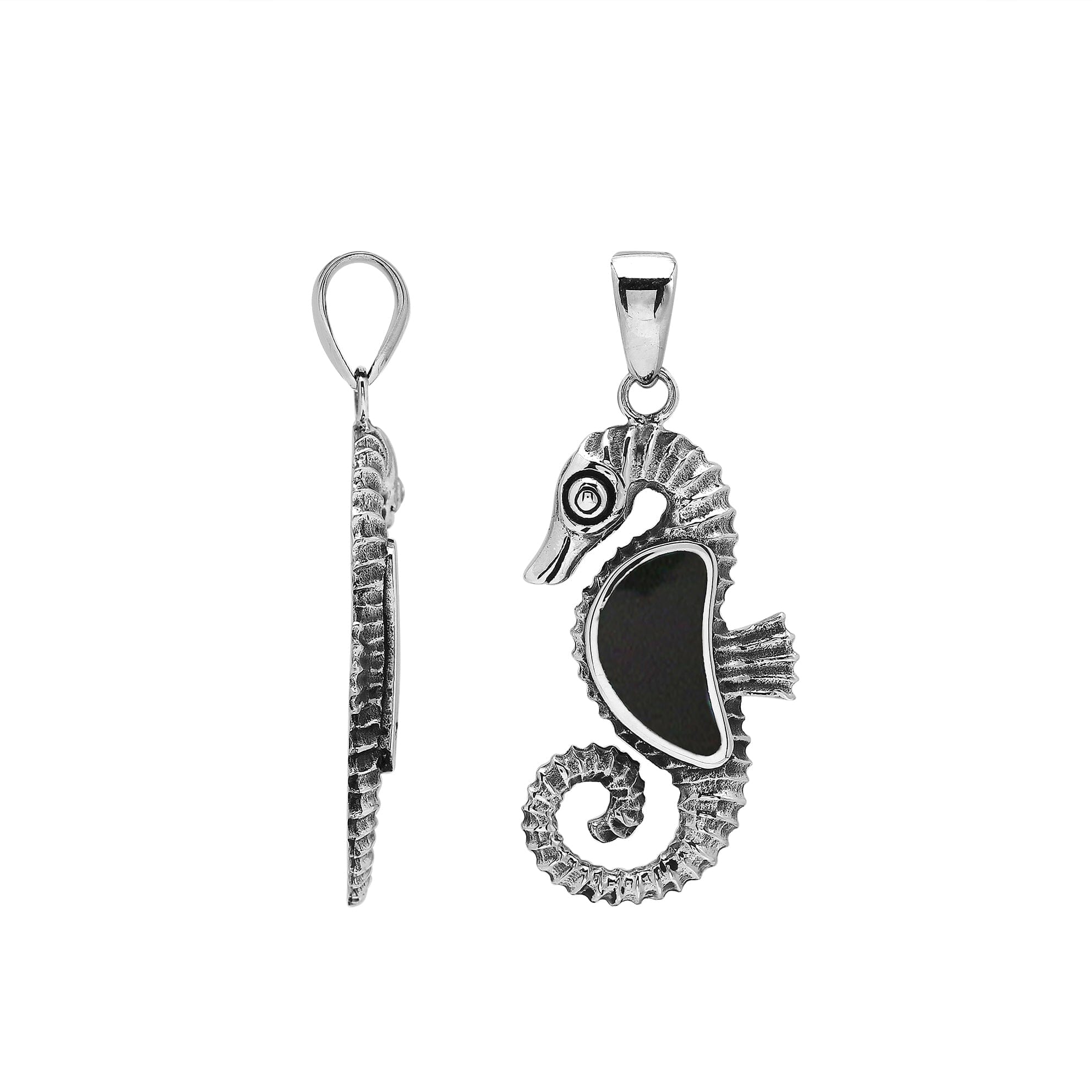 Sterling silver seahorse pendant with Black Shell inlay and detailed Balinese design featuring a smooth polished finish.