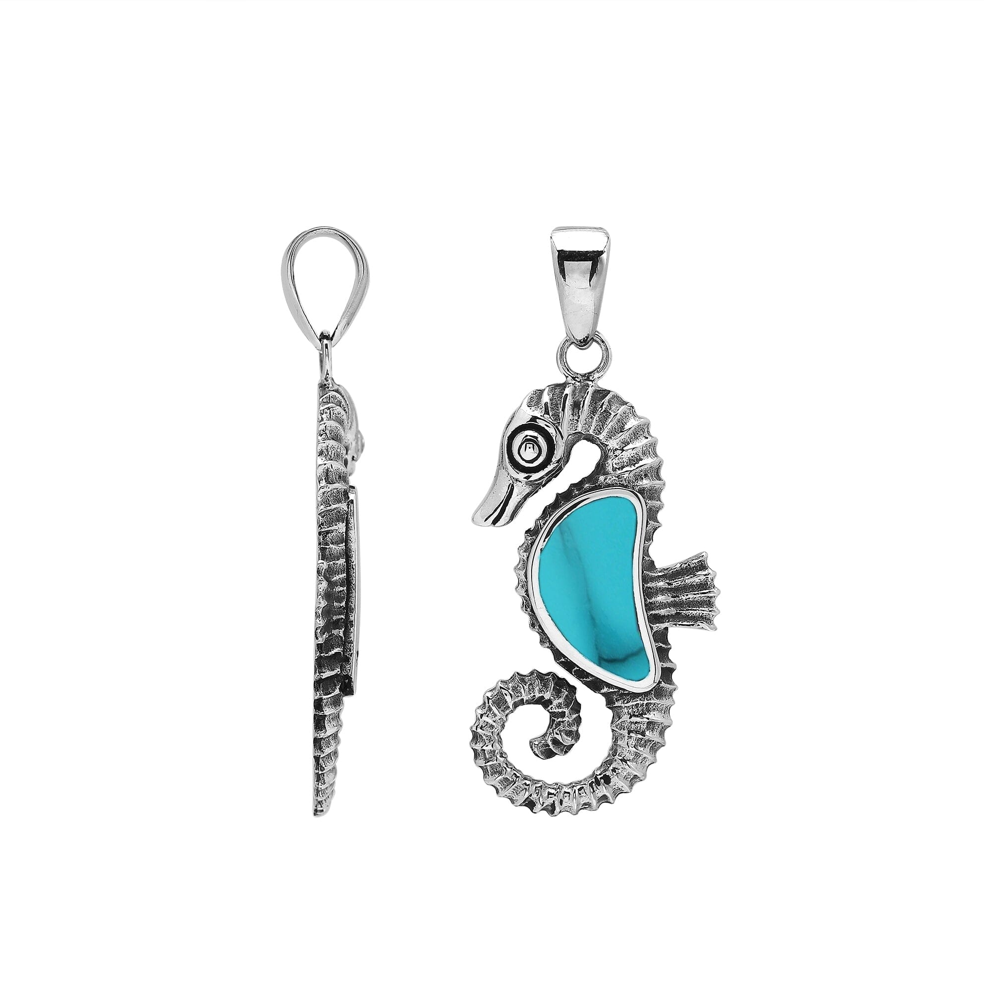 Sterling silver seahorse pendant with turquoise shell inlay and intricate Balinese design featuring a high-gloss polished finish.