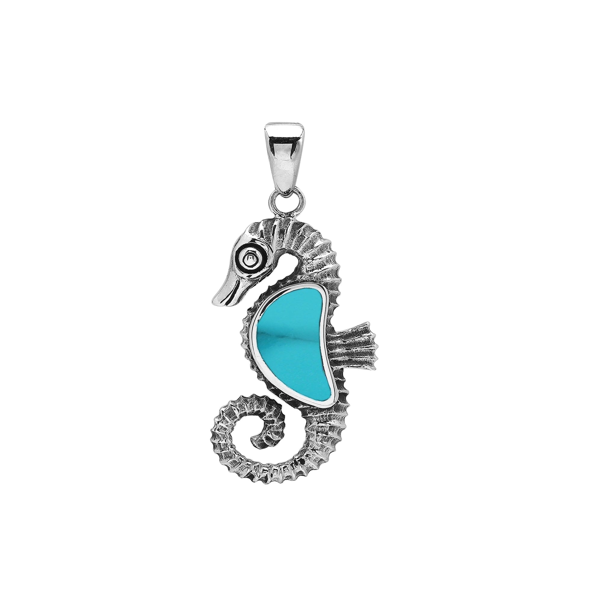 Sterling silver seahorse pendant with turquoise shell inlay and intricate Balinese design featuring a high-gloss polished finish.