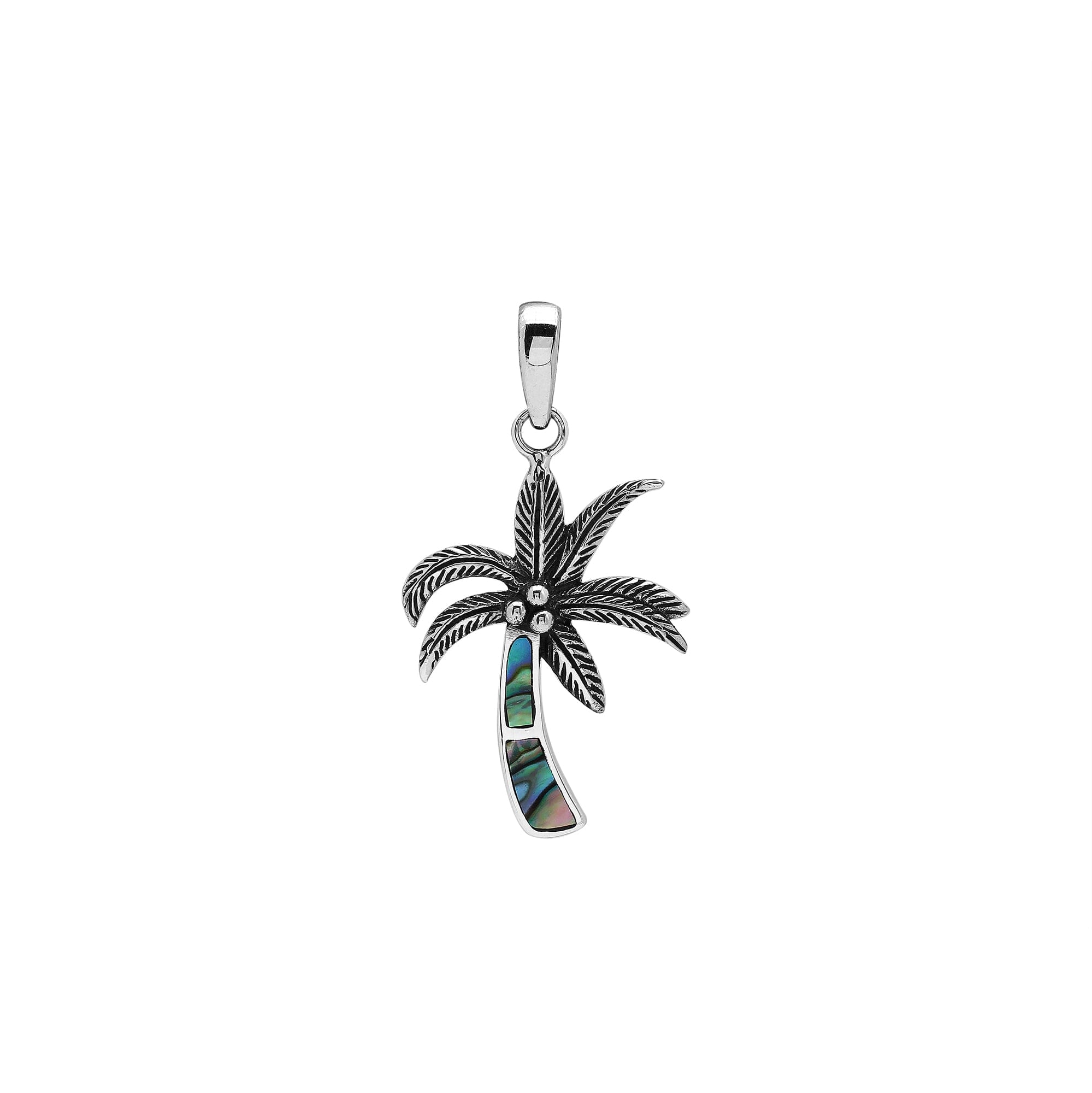 Sterling silver palm tree pendant with abalone shell inlay and Balinese-inspired detailing featuring a polished finish.