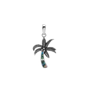Sterling silver palm tree pendant with abalone shell inlay and Balinese-inspired detailing featuring a polished finish.