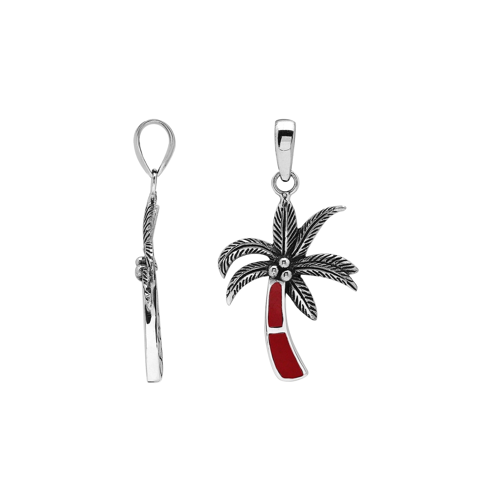 Sterling silver palm tree pendant with red coral inlay and traditional Balinese detailing featuring a polished finish.
