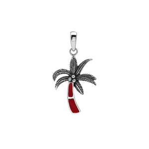 Sterling silver palm tree pendant with red coral inlay and traditional Balinese detailing featuring a polished finish.