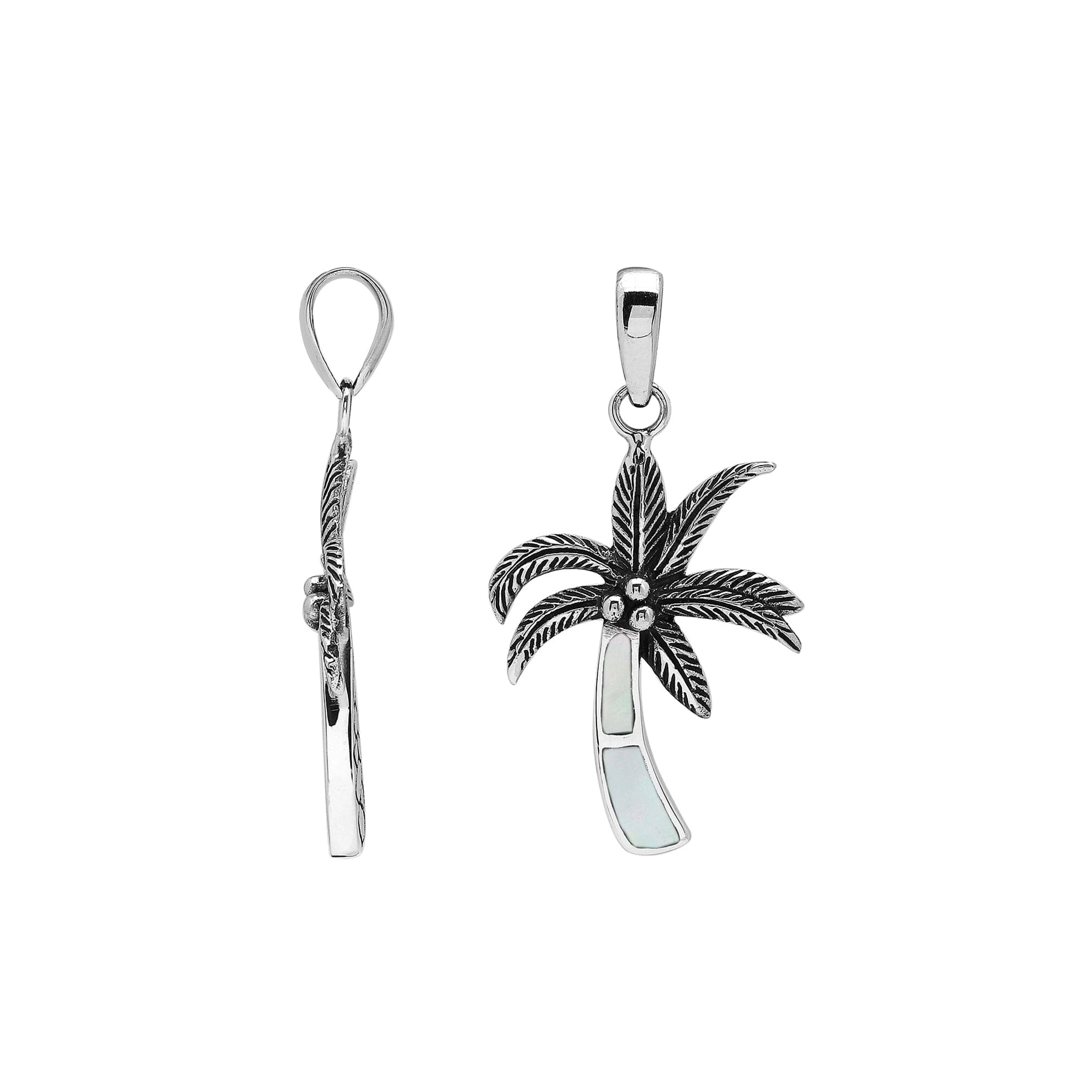 Sterling silver palm tree pendant with mother of pearl inlay and traditional Balinese craftsmanship featuring a polished finish.
