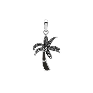 Sterling silver palm tree pendant with black shell inlay and traditional Balinese craftsmanship featuring a high-polish finish.
