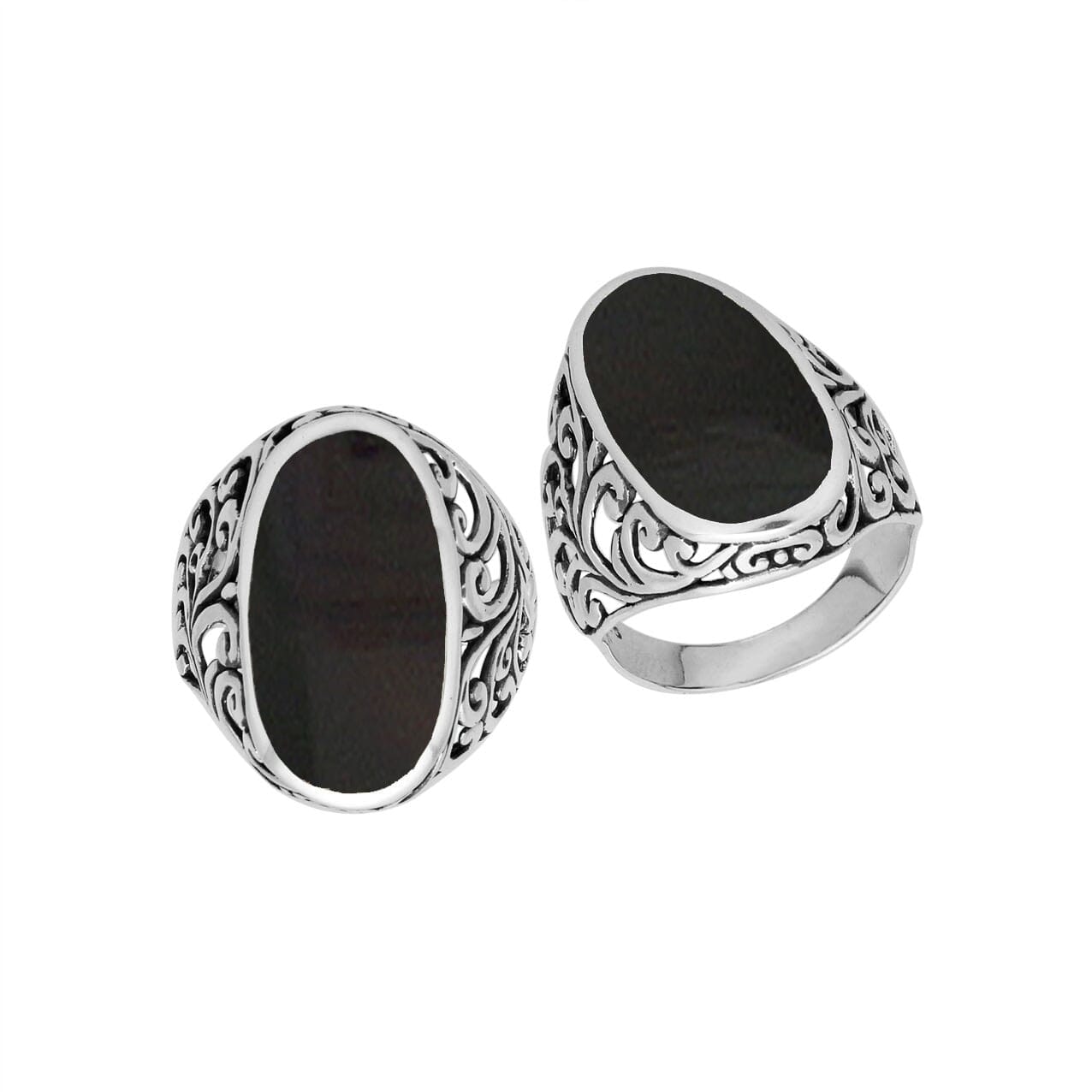 Wholesale sterling silver oval Black Onyx Shell ring with intricate Bali filigree design and oxidized finish, handcrafted artisan jewelry for bulk orders.