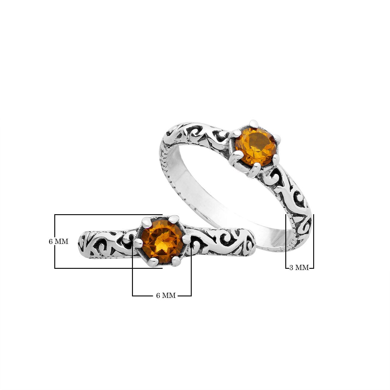 Bulk sterling silver filigree rings with round Citrine Quartz, handcrafted Balinese design, 925 silver wholesale jewelry supply.