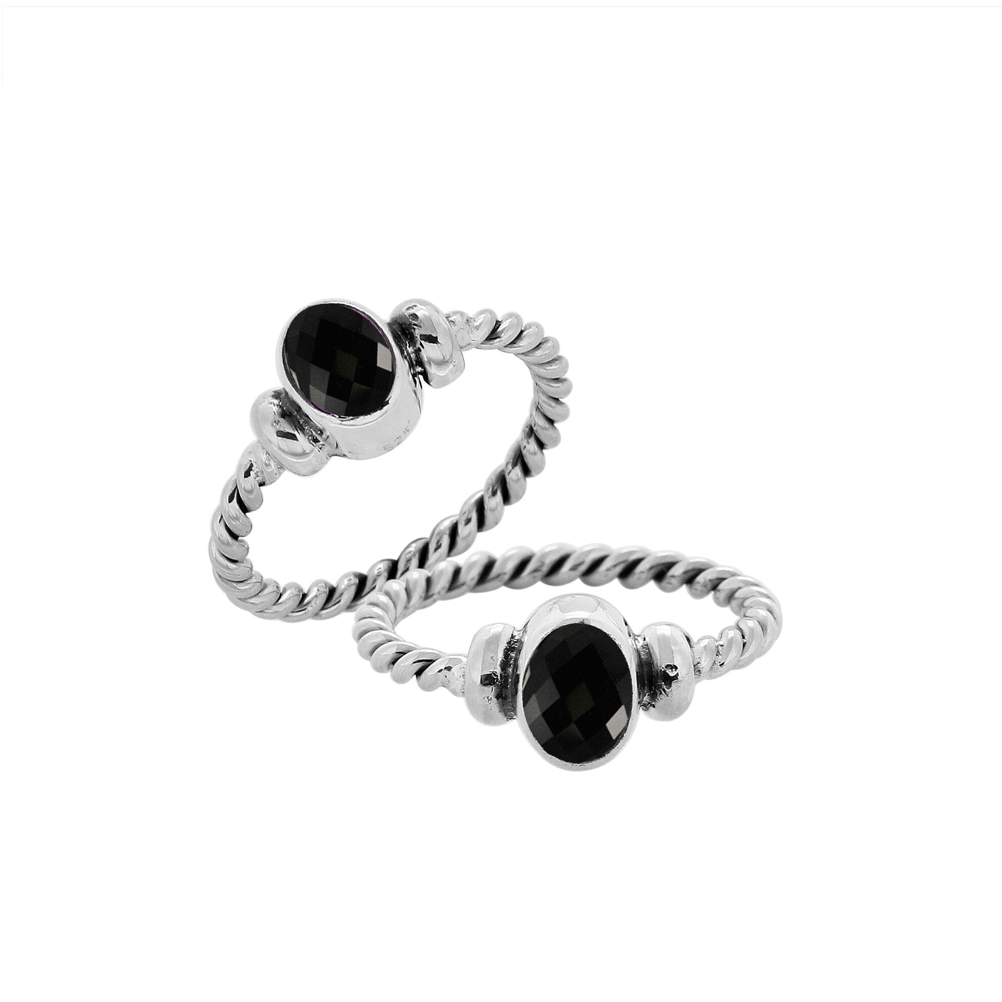 Bulk sterling silver twisted band rings with oval faceted Black Onyx, handcrafted 925 silver wholesale jewelry supply.