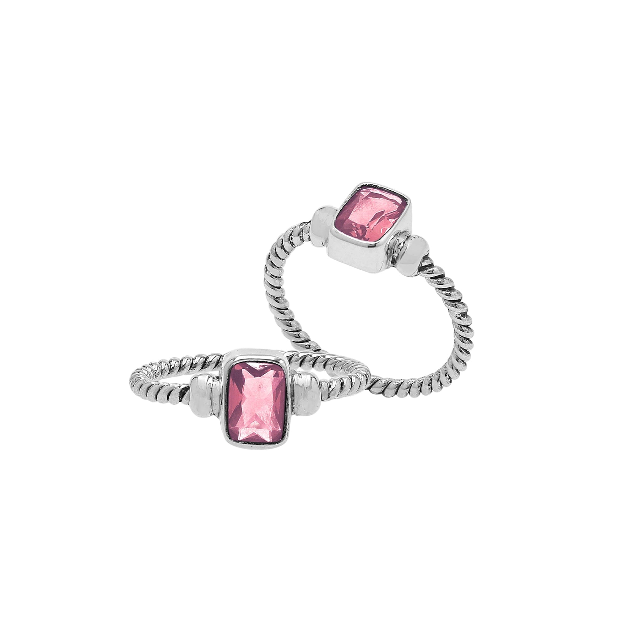 Wholesale sterling silver twisted band ring with rectangular-cut Pink Quartz, handcrafted artisan jewelry in bulk for retailers and resellers.