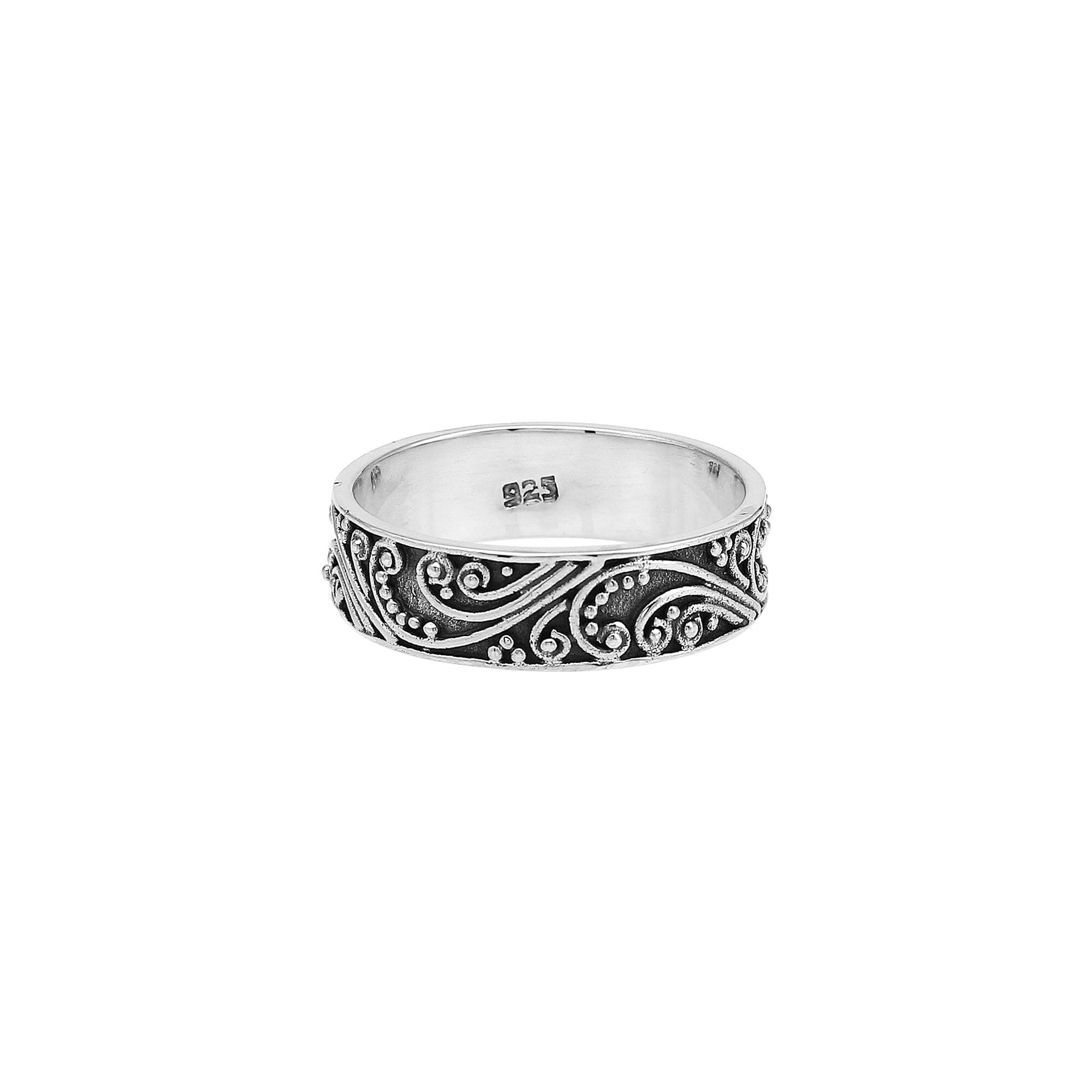 Wholesale sterling silver band ring with swirl and scroll oxidized design, handcrafted unisex 925 silver jewelry from Bali for bulk orders and resellers.
