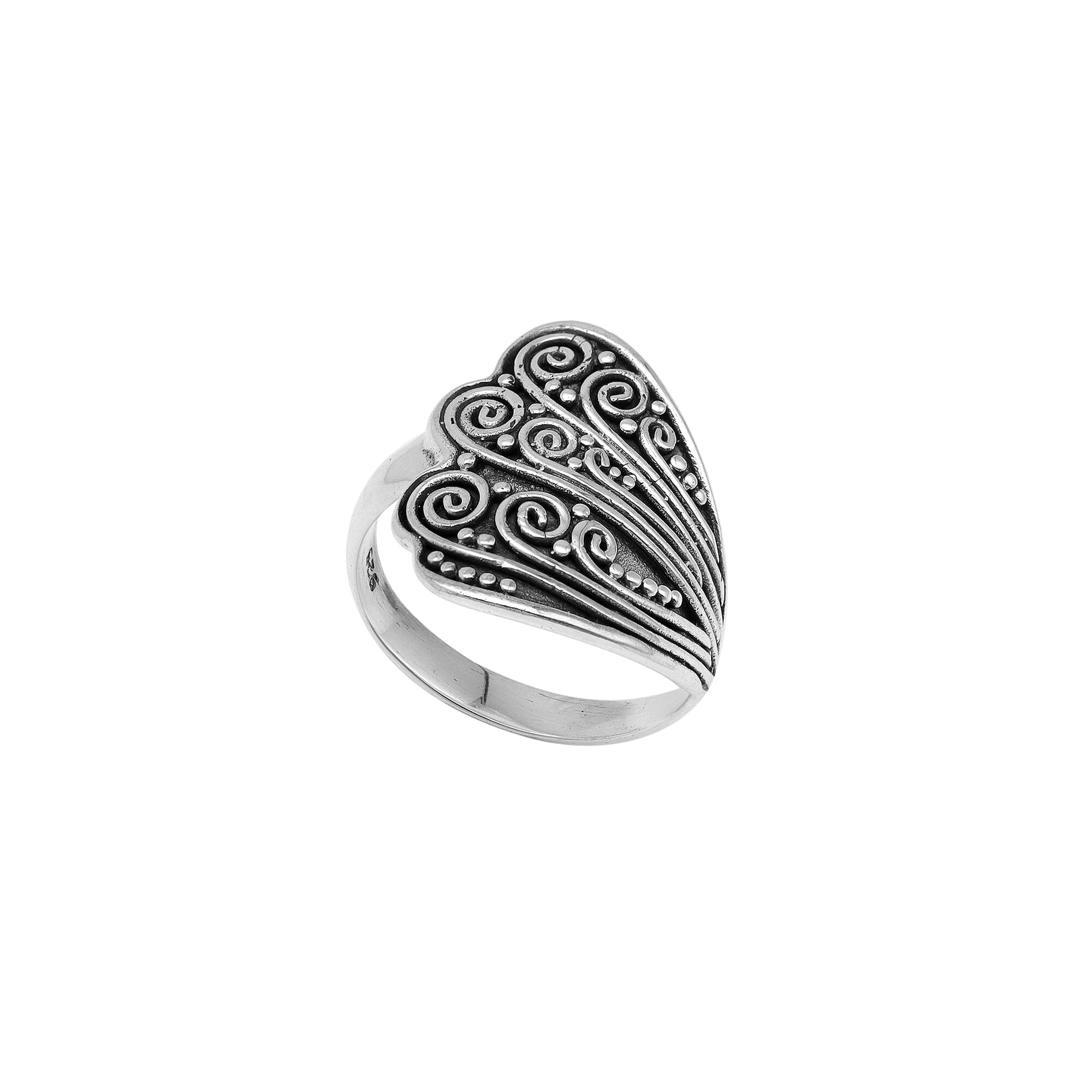Wholesale sterling silver adjustable ring with dual Balinese swirl and dot panels, handcrafted in Bali, artisan bulk jewelry design.
