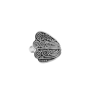 Wholesale sterling silver adjustable ring with dual Balinese swirl and dot panels, handcrafted in Bali, artisan bulk jewelry design.