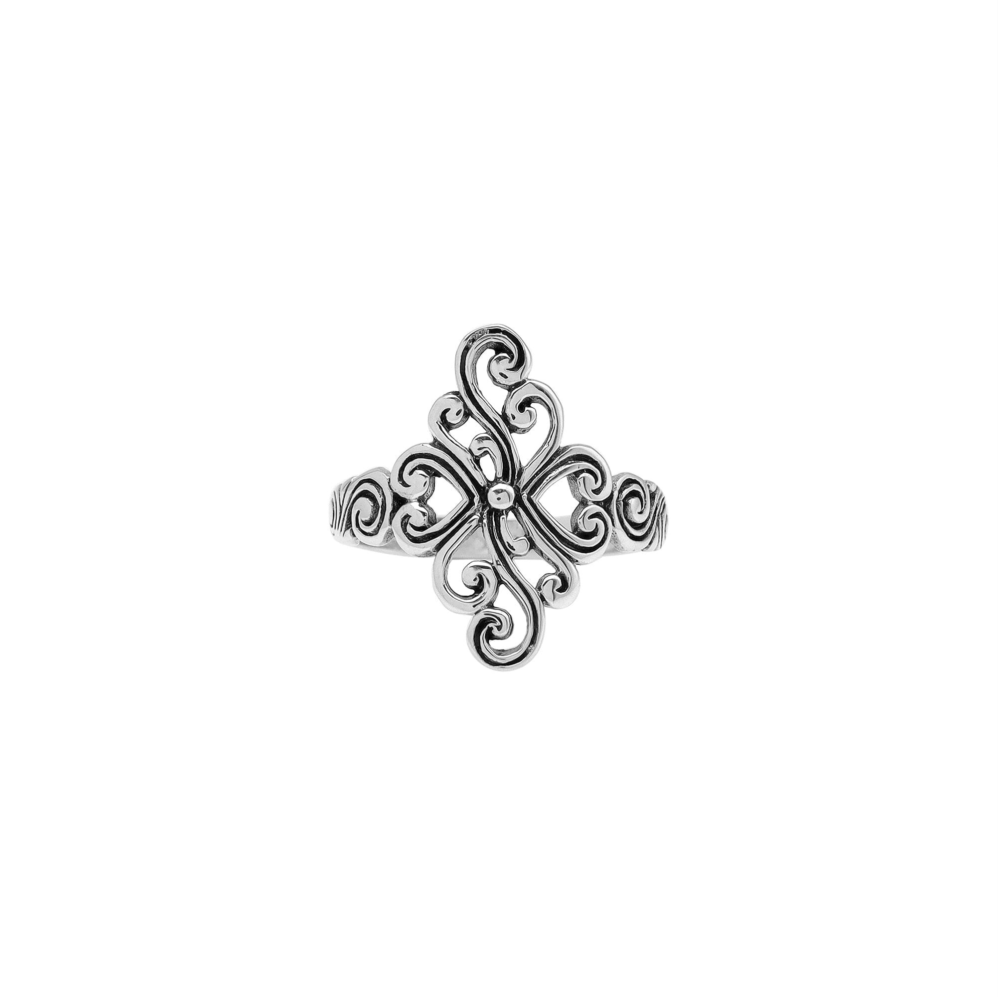 Wholesale sterling silver adjustable ring with floral swirl Balinese scroll design, handcrafted artisan jewelry from Bali.