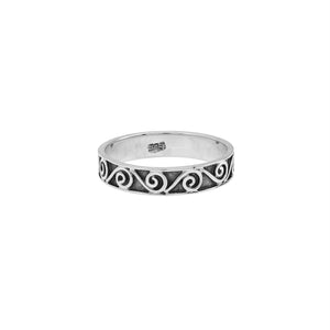Wholesale sterling silver spiral band ring with Balinese scroll design, handcrafted artisan jewelry from Bali.