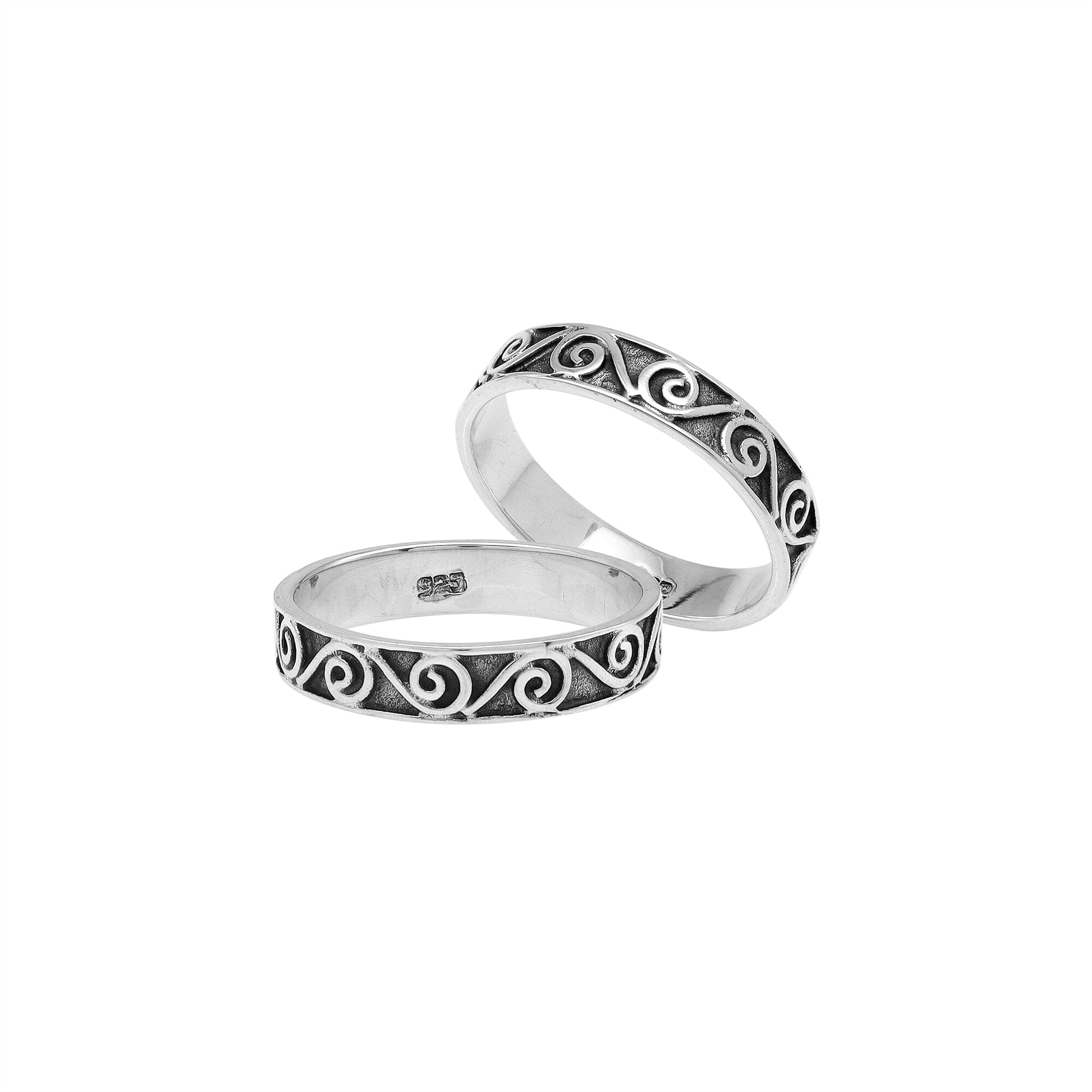 Wholesale sterling silver spiral band ring with Balinese scroll design, handcrafted artisan jewelry from Bali.