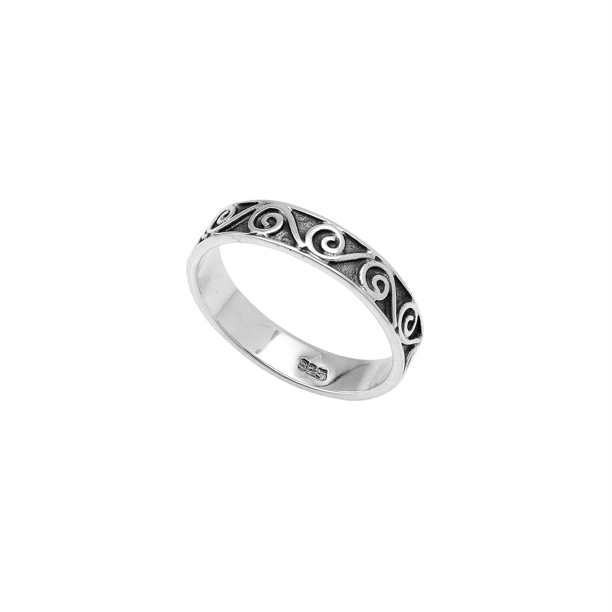 Wholesale sterling silver spiral band ring with Balinese scroll design, handcrafted artisan jewelry from Bali.