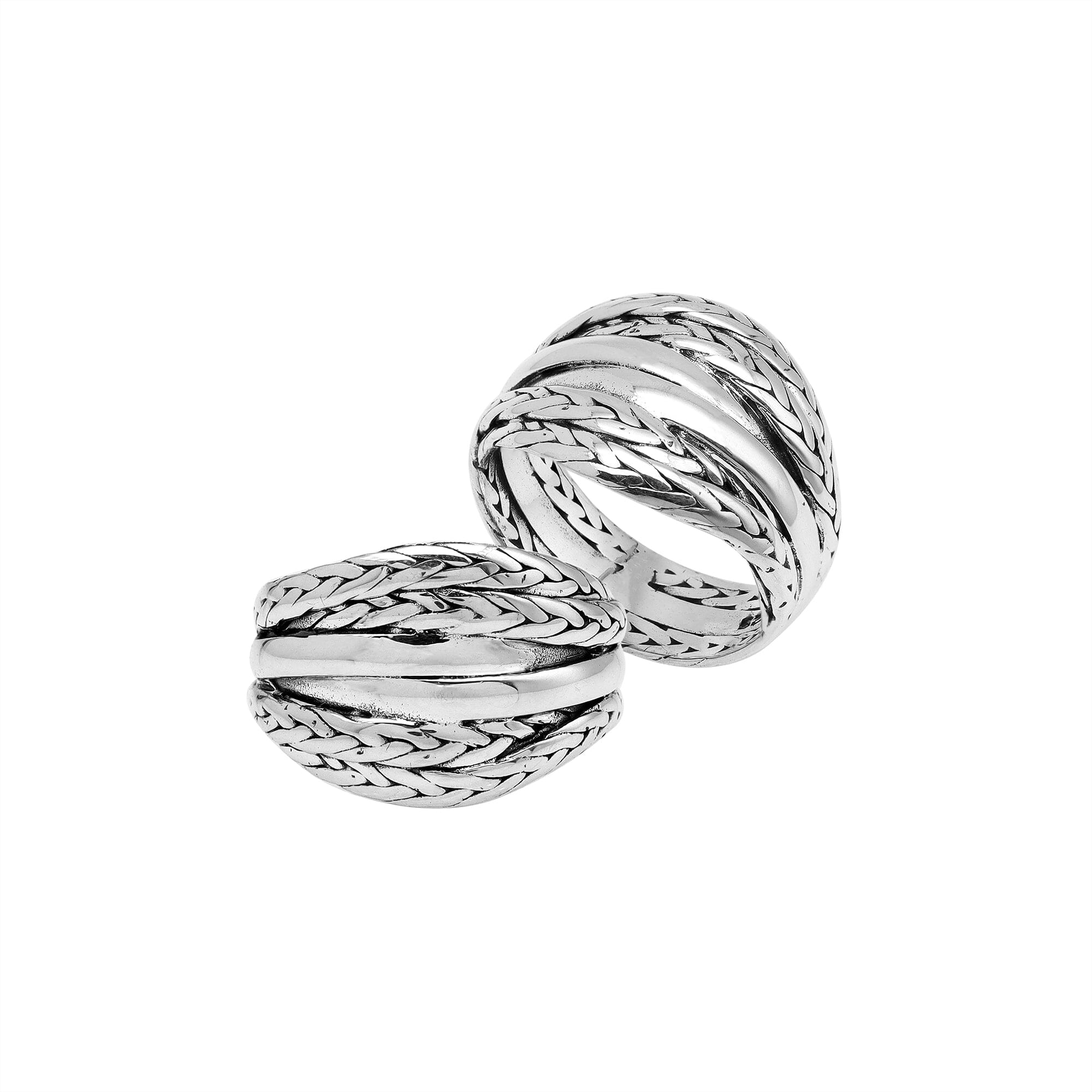 Wholesale sterling silver braided dome ring with rope pattern and polished silver bands, handcrafted artisan jewelry from Bali.