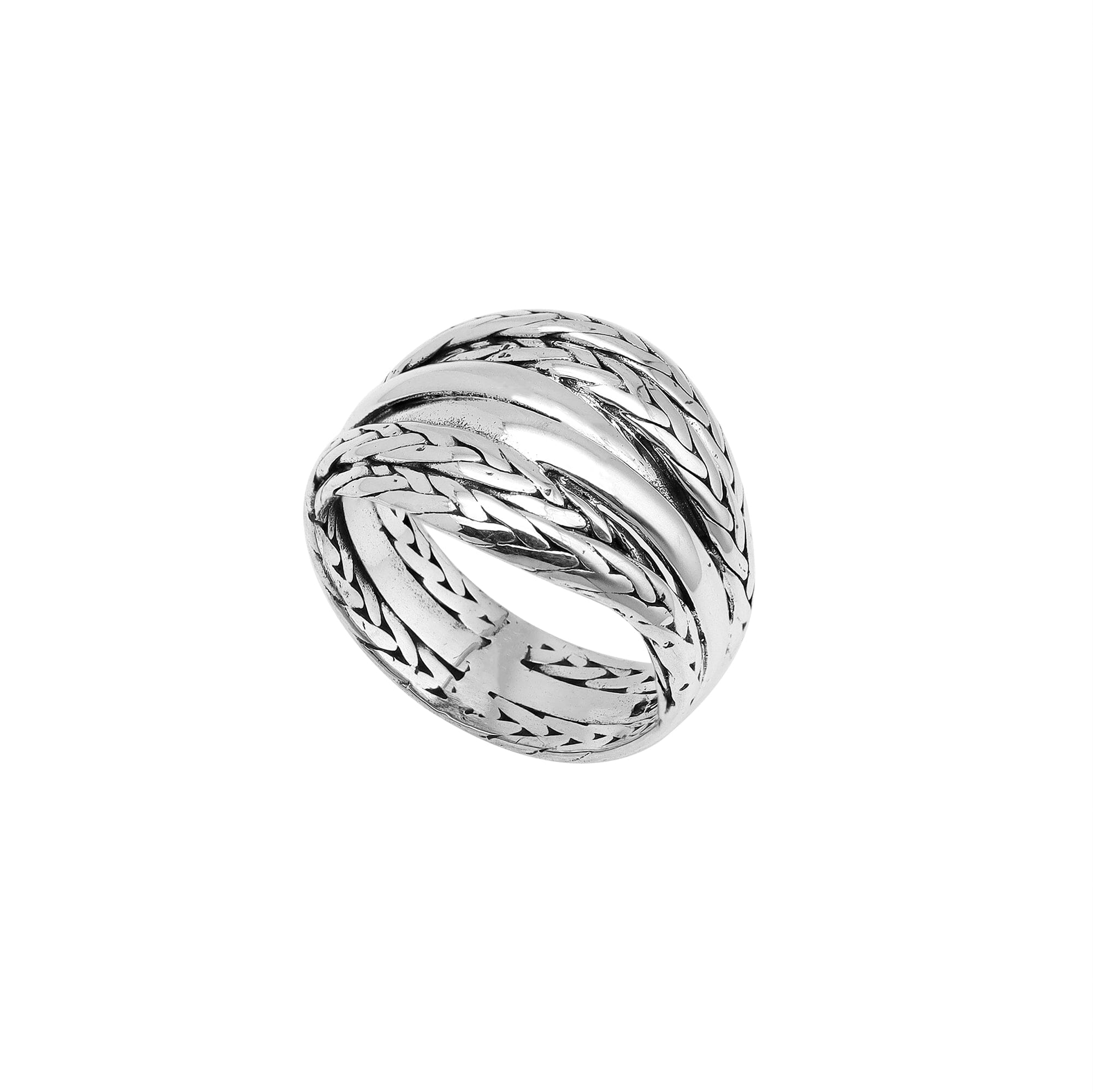 Wholesale sterling silver braided dome ring with rope pattern and polished silver bands, handcrafted artisan jewelry from Bali.