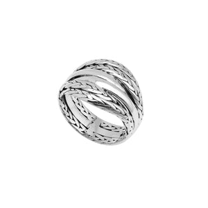 Wholesale sterling silver braided dome ring with rope pattern and polished silver bands, handcrafted artisan jewelry from Bali.