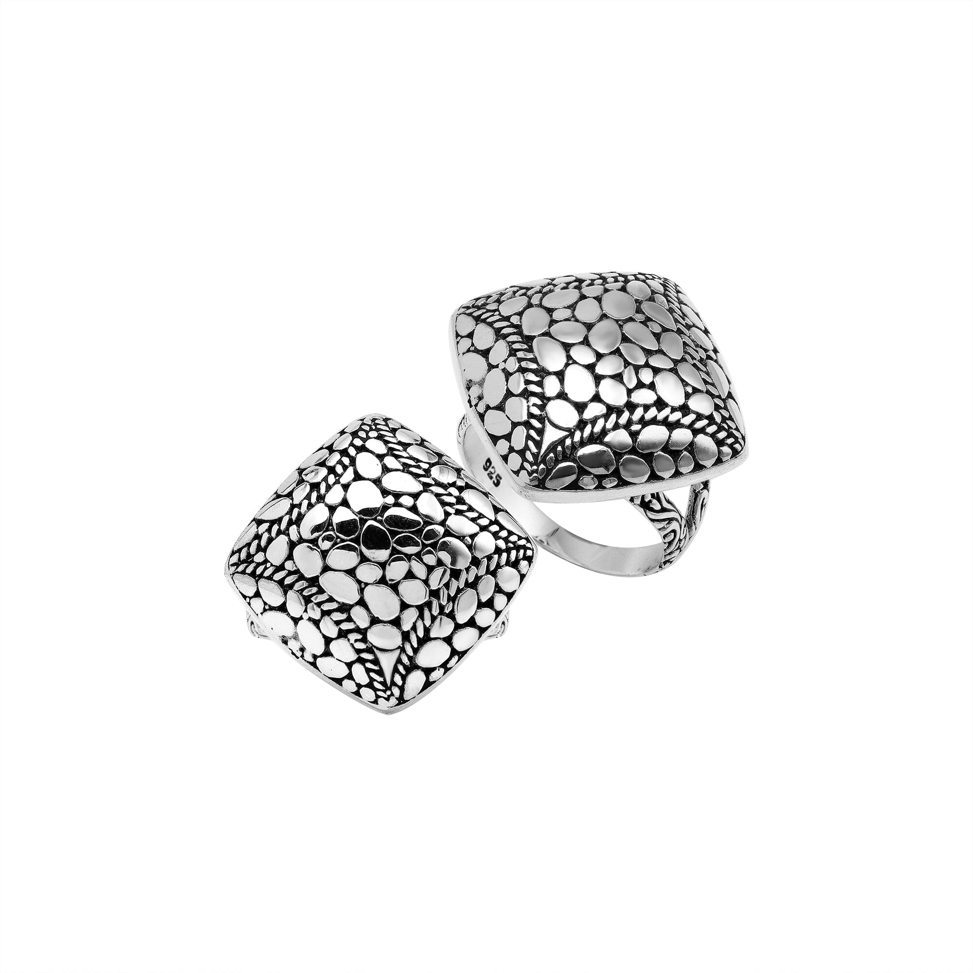 Wholesale sterling silver cushion dome ring with Balinese dot pattern, handcrafted bold artisan jewelry from Bali.