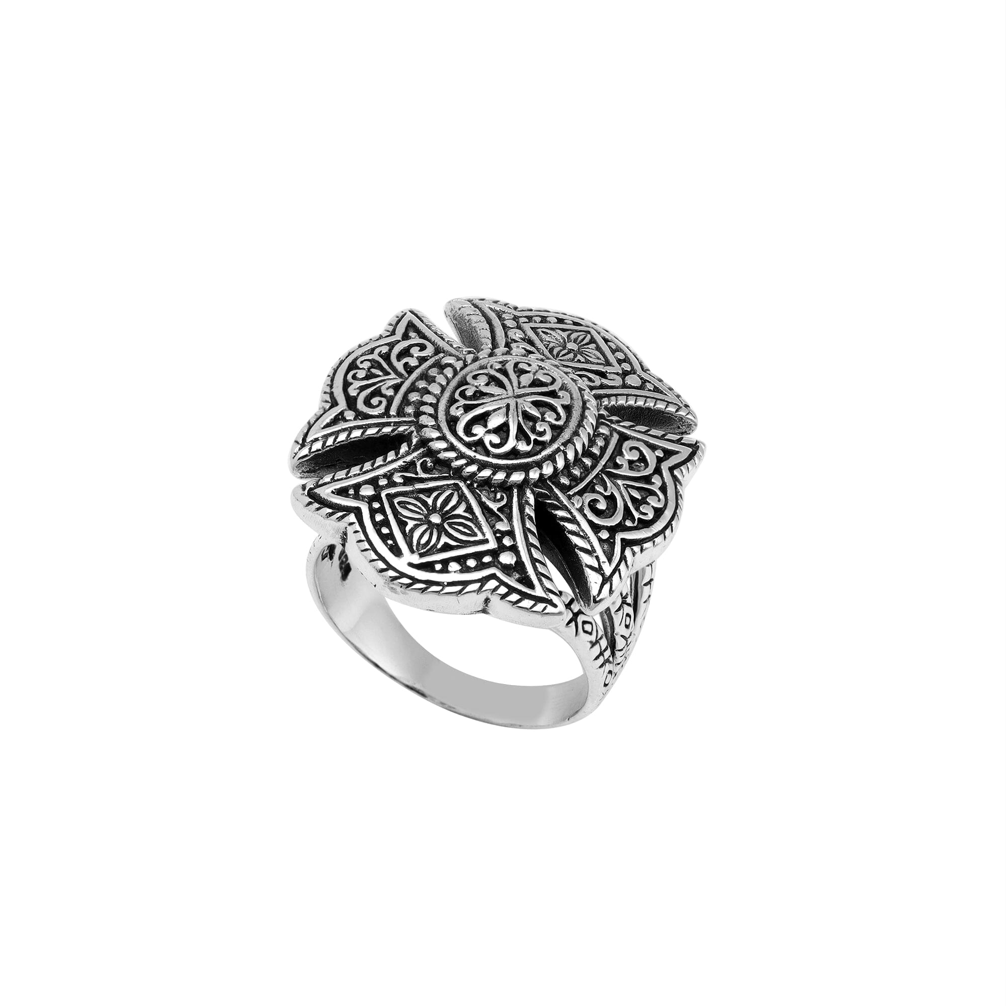 Wholesale sterling silver Balinese statement ring with intricate floral mandala design and oxidized antique finish – handcrafted artisan jewelry for bulk buyers and resellers.
