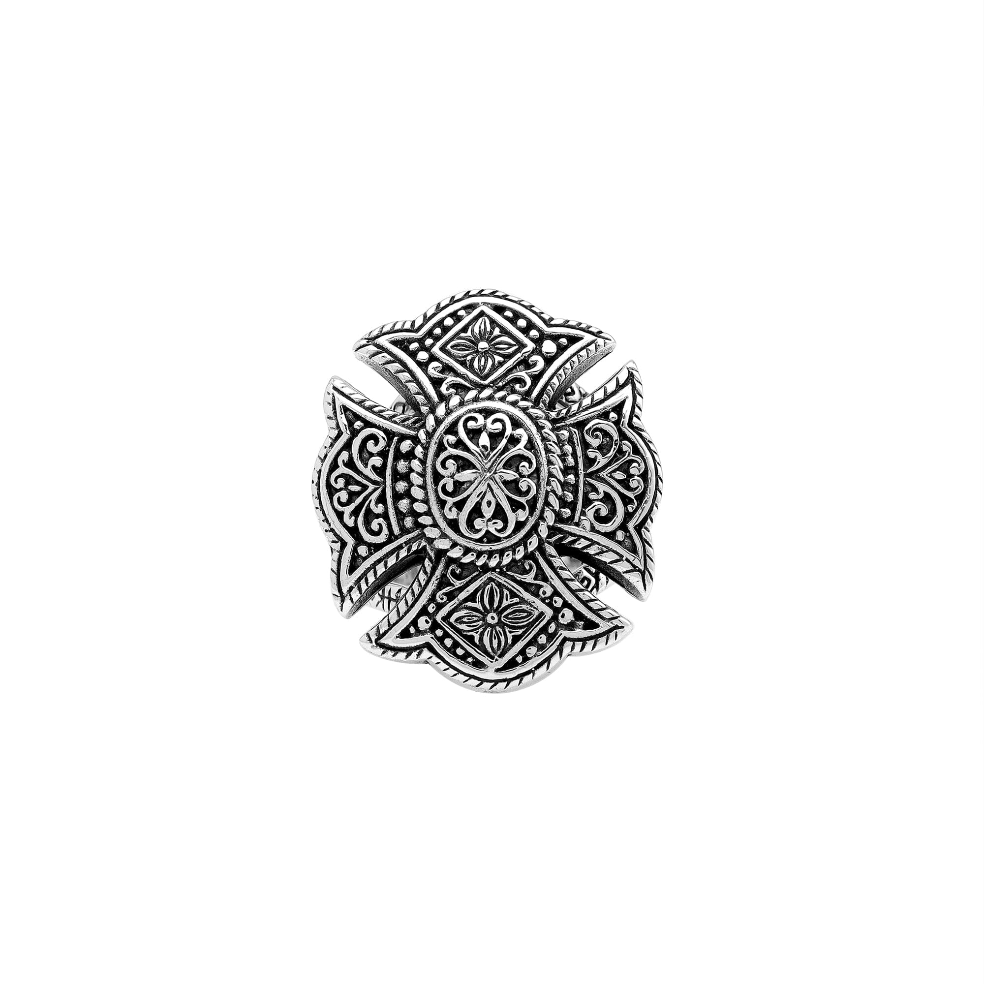Wholesale sterling silver Balinese statement ring with intricate floral mandala design and oxidized antique finish – handcrafted artisan jewelry for bulk buyers and resellers.
