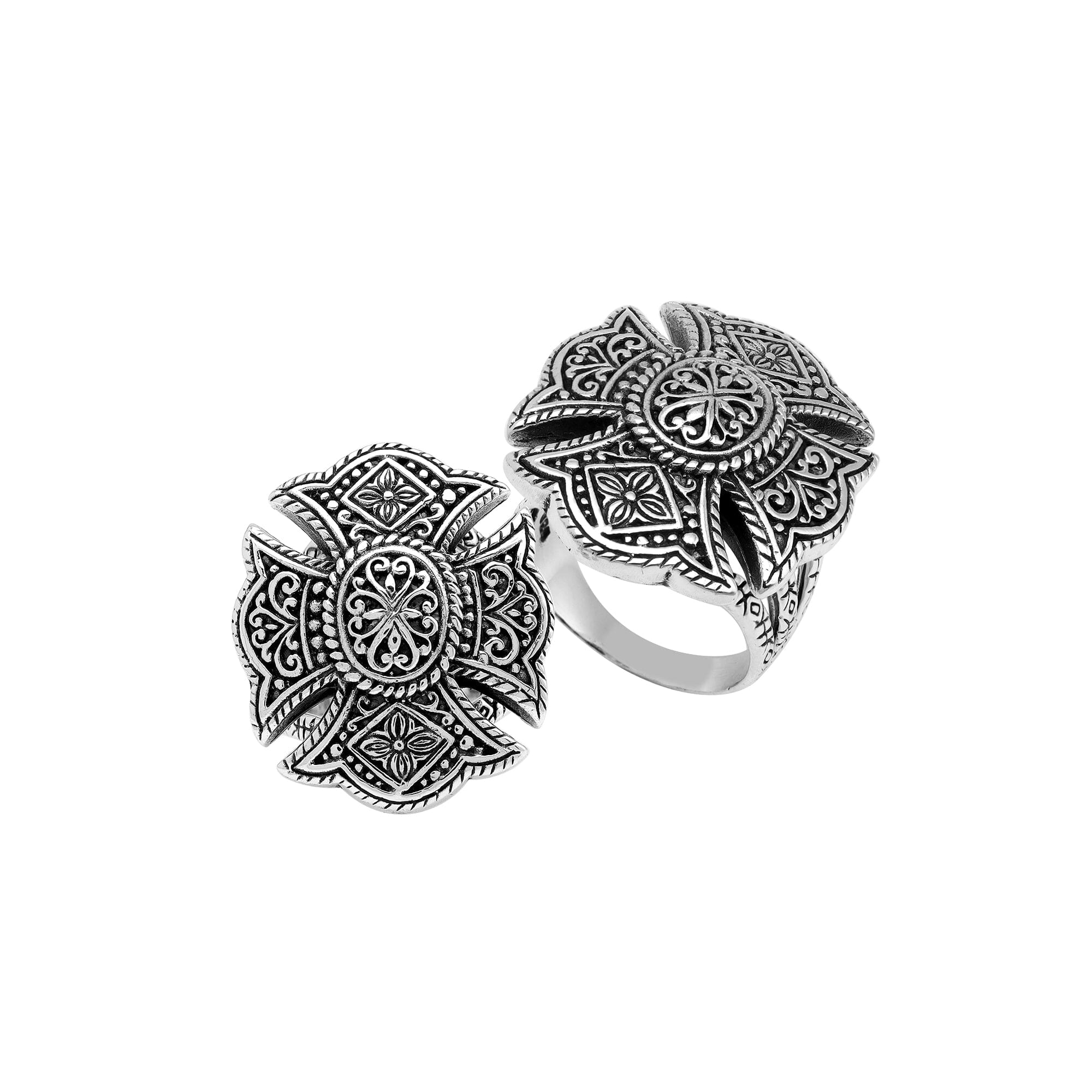 Wholesale sterling silver Balinese statement ring with intricate floral mandala design and oxidized antique finish – handcrafted artisan jewelry for bulk buyers and resellers.