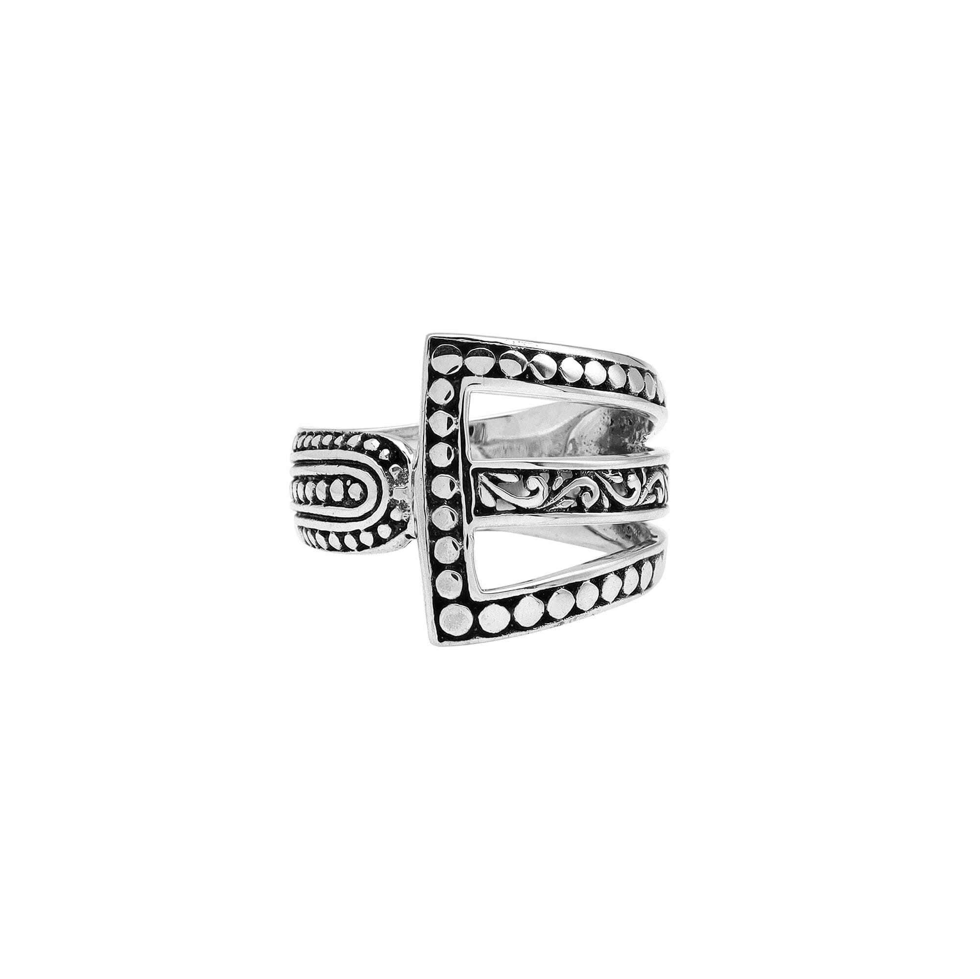 Wholesale sterling silver geometric statement ring with openwork Balinese design and oxidized antique finish – handcrafted artisan jewelry for bulk buyers and resellers.