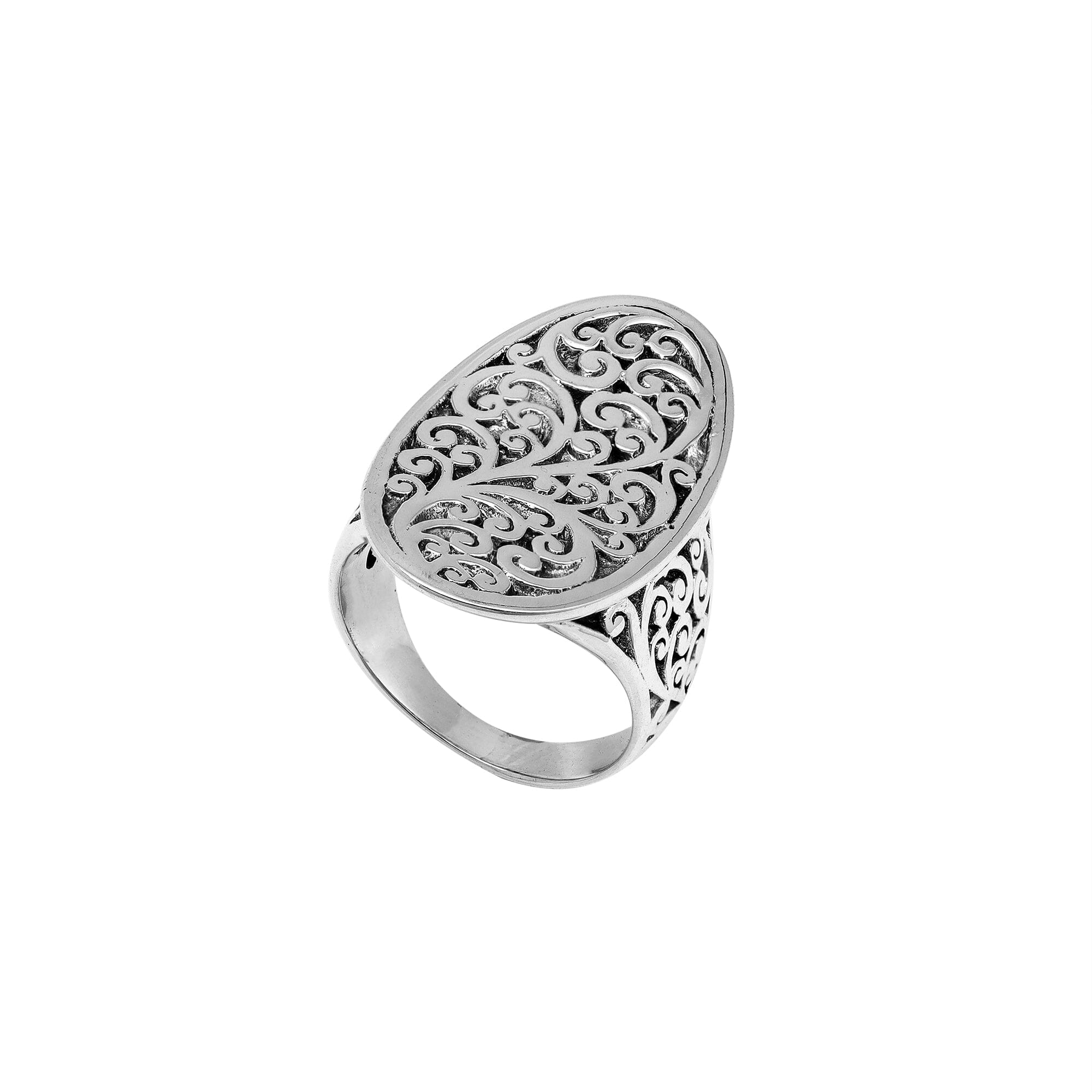 Wholesale sterling silver oval filigree ring with intricate Balinese scrollwork and oxidized antique finish – handcrafted artisan jewelry for bulk buyers and resellers.