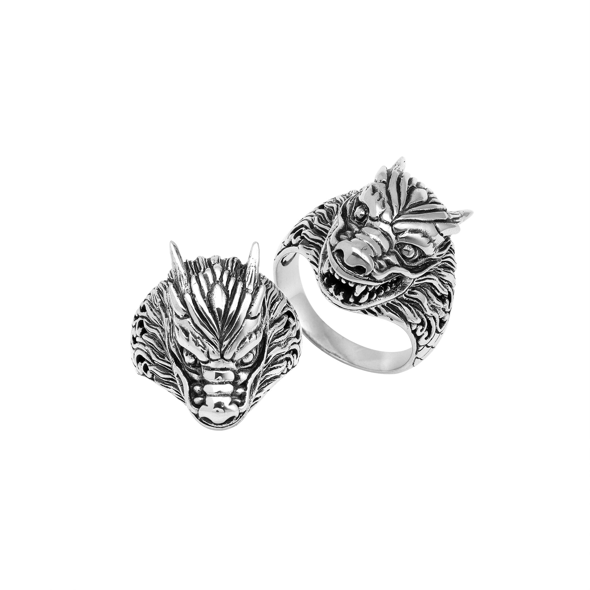 Wholesale sterling silver dragon head statement ring with intricate Balinese carvings and oxidized antique finish – handcrafted artisan jewelry for bulk buyers and resellers.