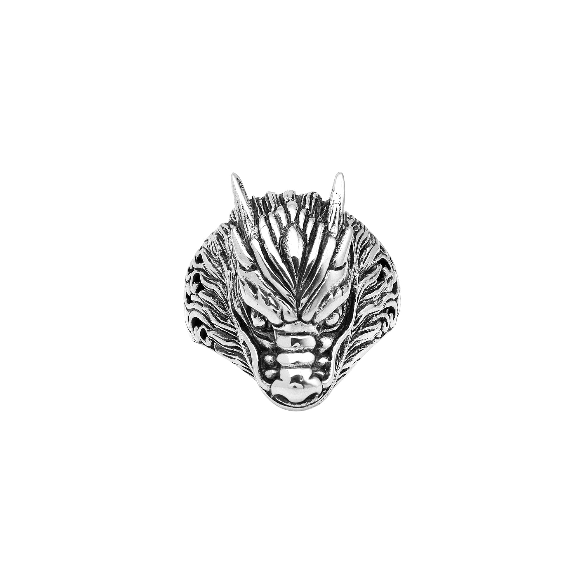Wholesale sterling silver dragon head statement ring with intricate Balinese carvings and oxidized antique finish – handcrafted artisan jewelry for bulk buyers and resellers.