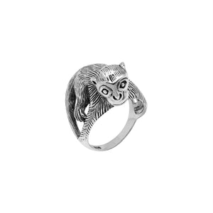 Wholesale sterling silver monkey design ring with detailed Balinese carvings and oxidized finish – handcrafted animal-inspired artisan jewelry for bulk buyers and resellers.