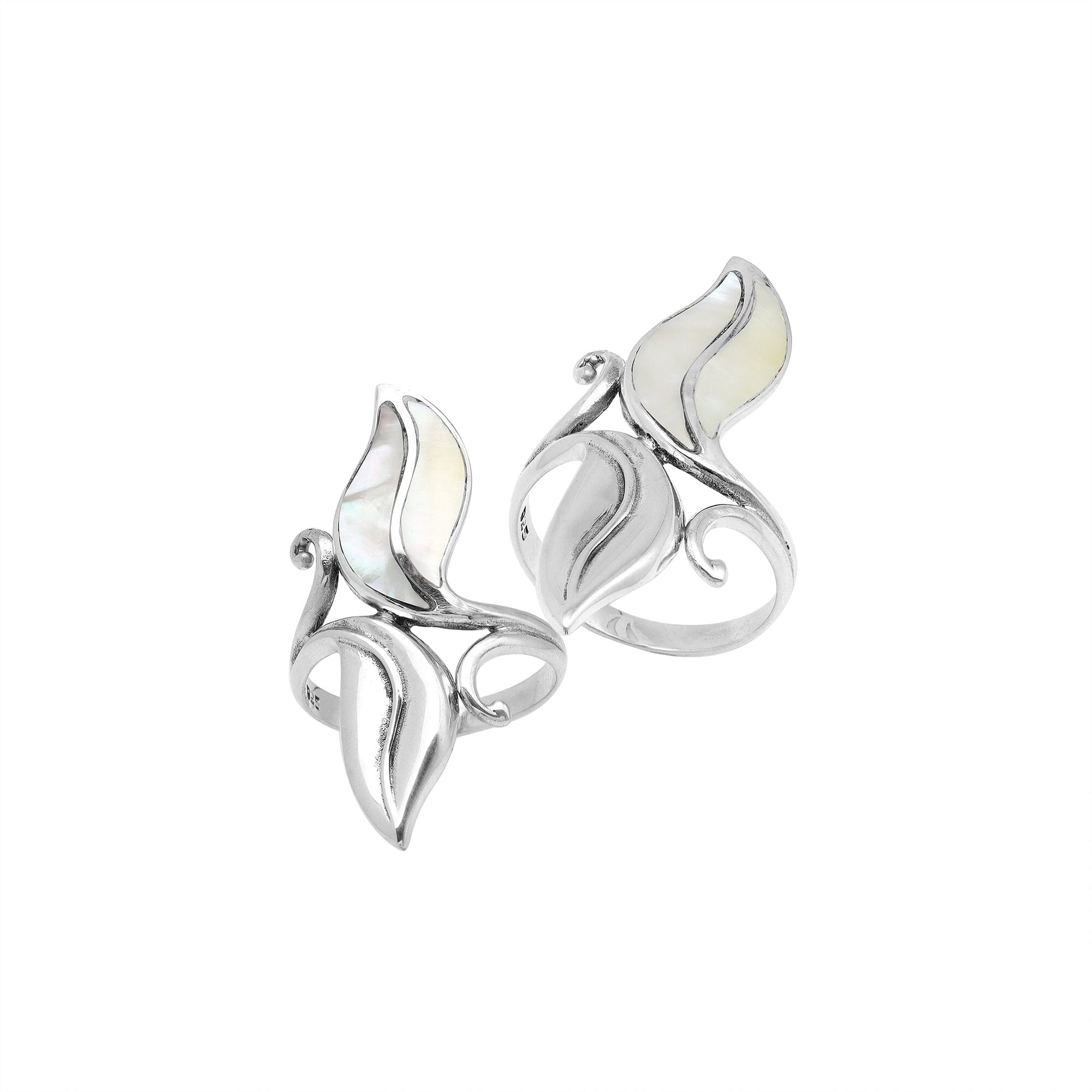Wholesale sterling silver leaf ring with Mother Of Pearl inlay – handcrafted Balinese nature-inspired artisan jewelry for bulk buyers and resellers.